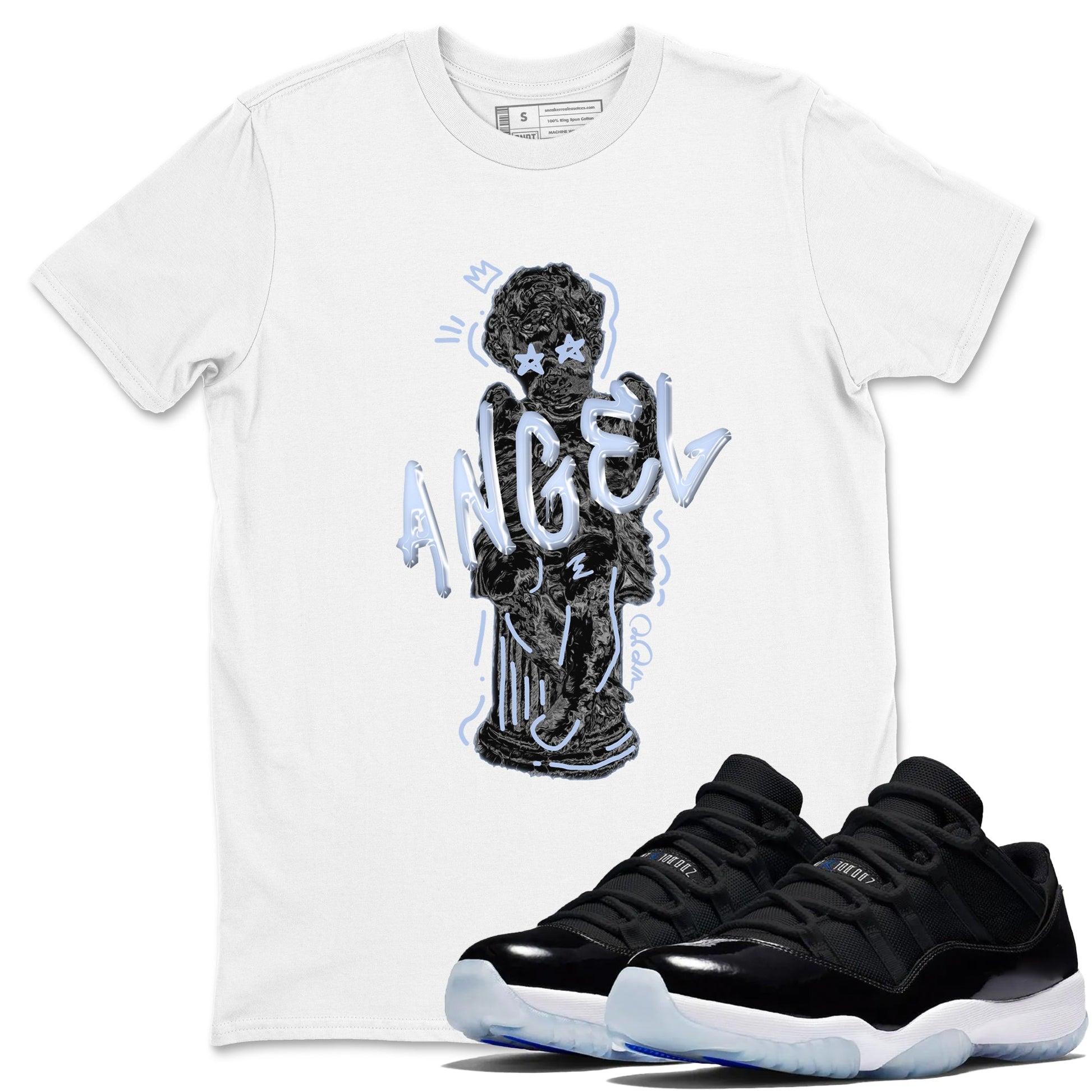 11s Black and Varsity Royal shirt to match jordans Baby Angel sneaker tees Air Jordan 11 Black/Varsity Royal SNRT Sneaker Release Tees Unisex White 1 T-Shirt