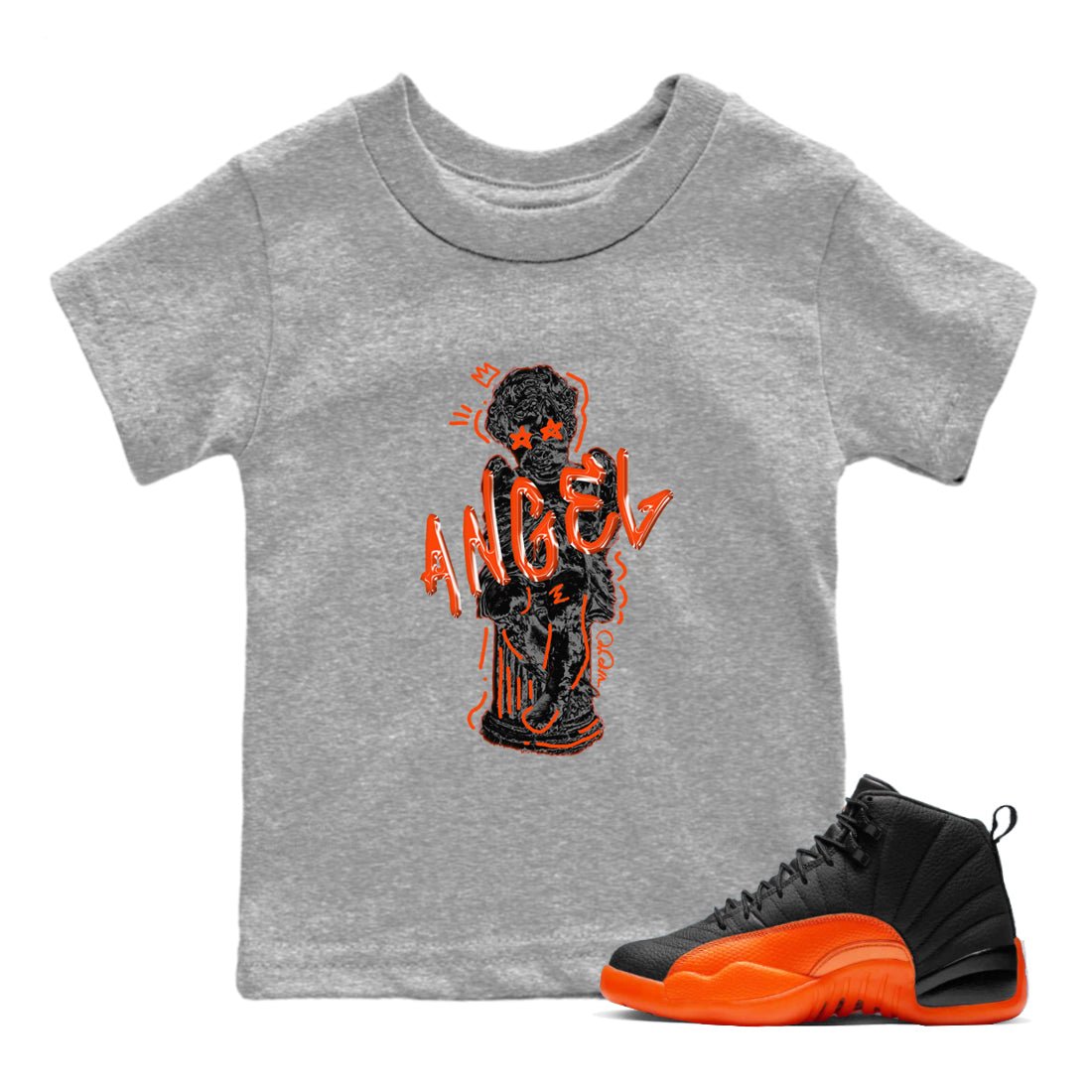 Air Jordan 12 Brilliant Orange Sneaker Match Tees Baby Angel Sneaker Tees AJ12 Brilliant Orange Sneaker Release Tees Kids Shirts Heather Grey 1