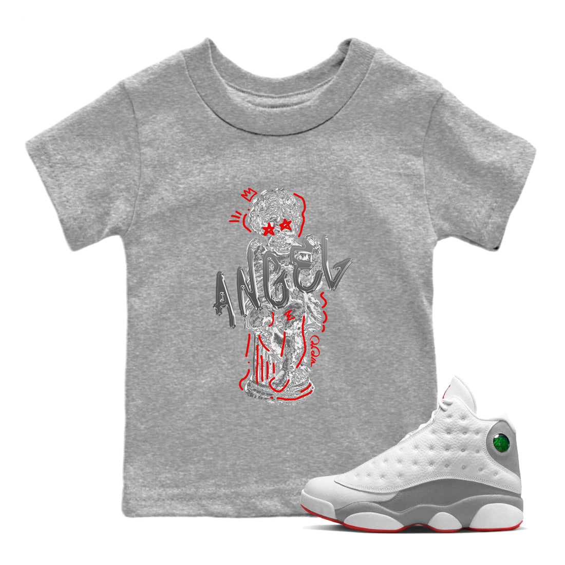 Air Jordan 13 Wolf Grey Sneaker Match Tees Baby Angel Sneaker Tees AJ13 Wolf Grey Sneaker Release Tees Kids Shirts Heather Grey 1