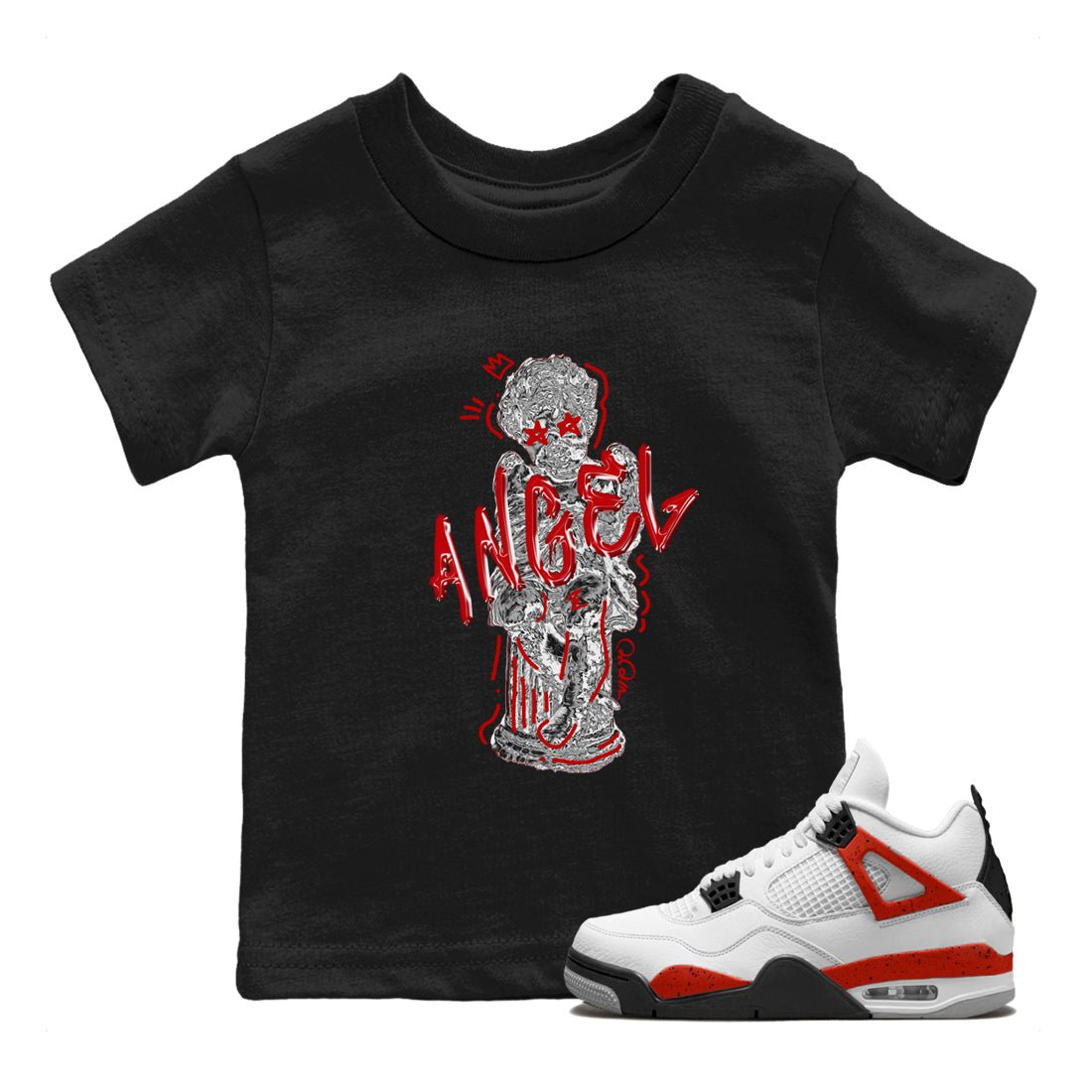 Air Jordan 4 Red Cement Sneaker Match Tees Baby Angel Sneaker Tees AJ4 Retro OG Red Cement Sneaker Release Tees Kids Shirts Black 1