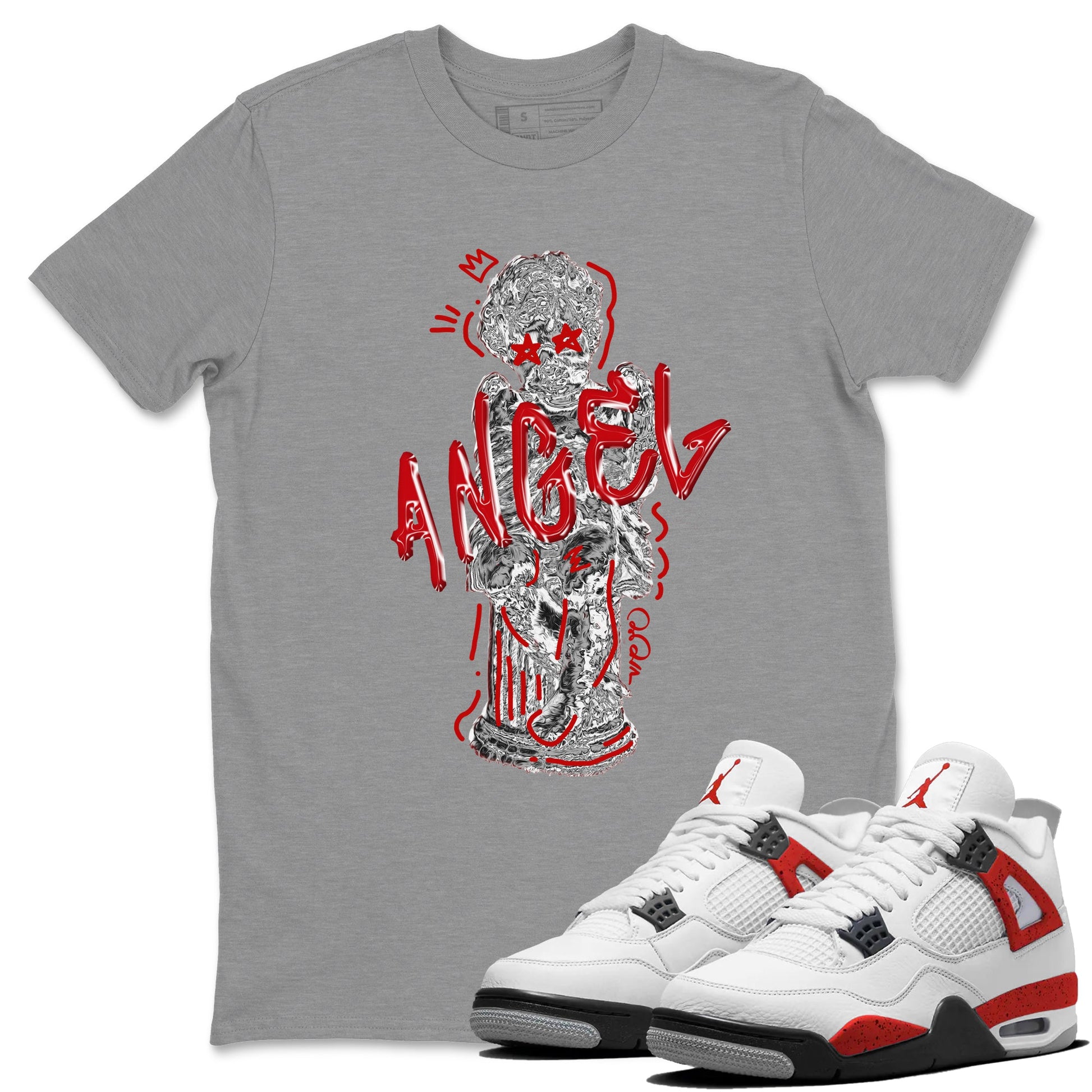 Air Jordan 4 Red Cement Sneaker Match Tees Baby Angel Sneaker Tees AJ4 Retro OG Red Cement Sneaker Release Tees Unisex Shirts Heather Grey 1