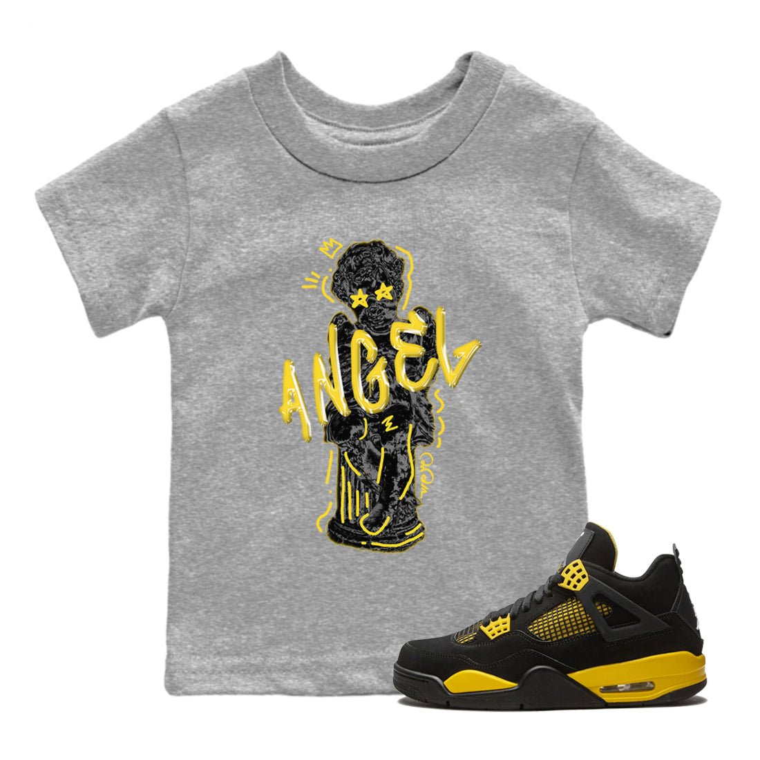 Air Jordan 4 Thunder Sneaker Match Tees Baby Angel Sneaker Tees AJ4 Thunder Jumpman Sneaker Release Tees Kids Shirts Heather Grey 1
