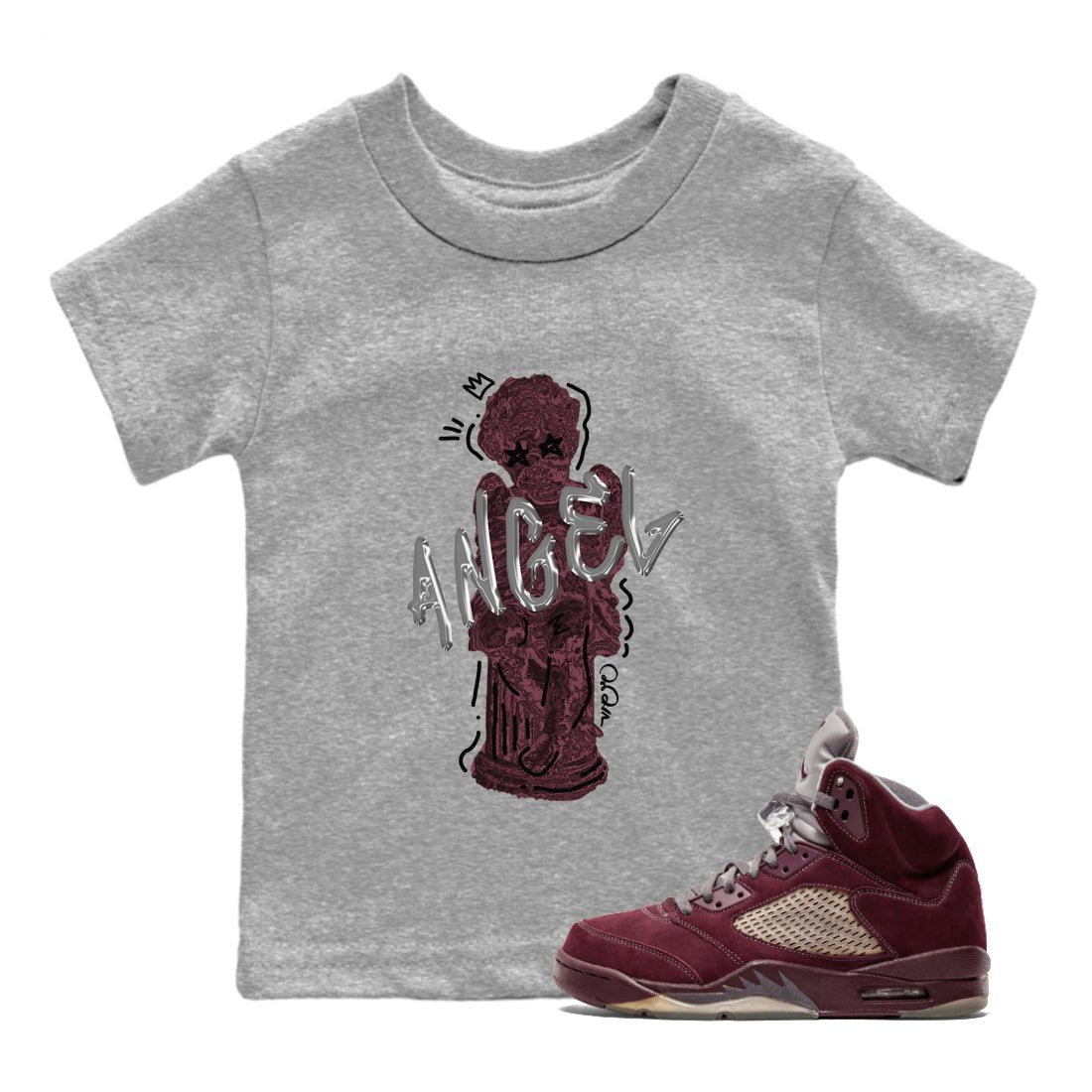 Air Jordan 5 Burgundy Sneaker Match Tees Baby Angel Sneaker Tees AJ5 Burgundy Sneaker Release Tees Kids Shirts Heather Grey 1