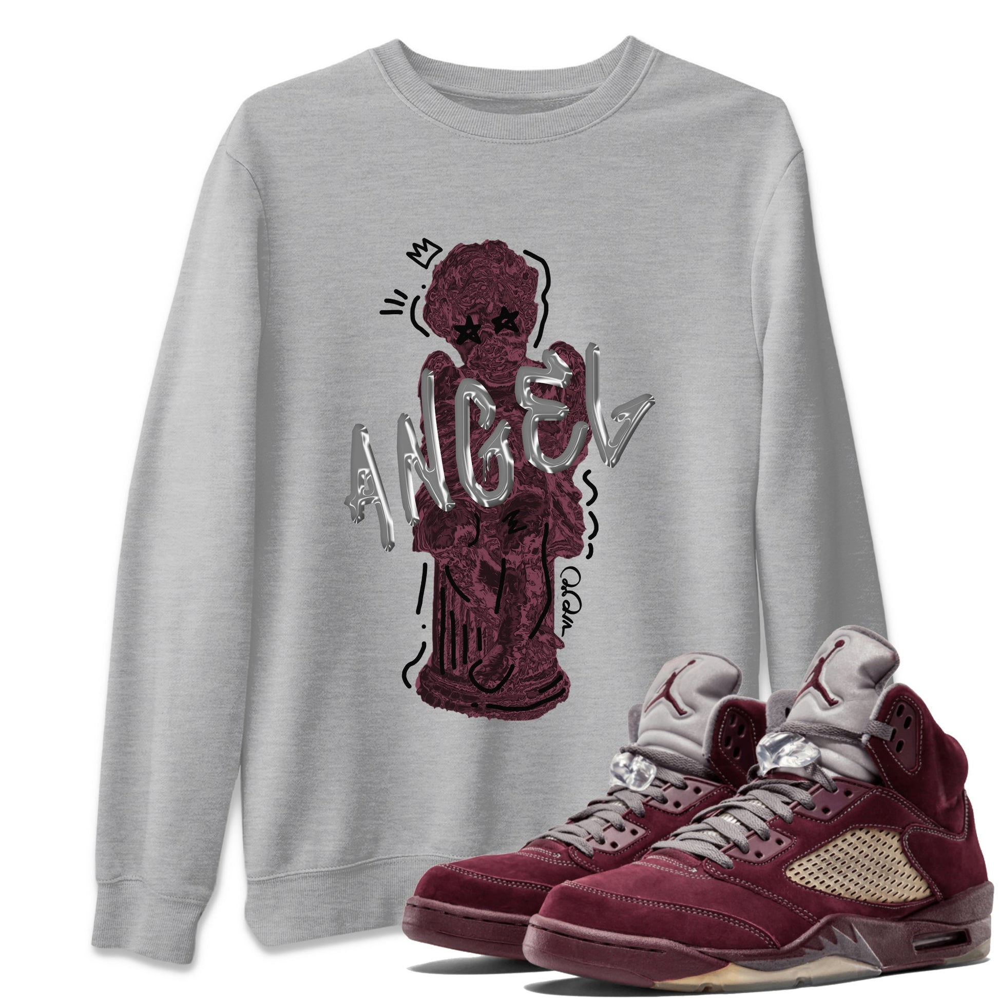 Air Jordan 5 Burgundy Sneaker Match Tees Baby Angel Sneaker Tees AJ5 Burgundy Sneaker Release Tees Unisex Shirts Heather Grey 1