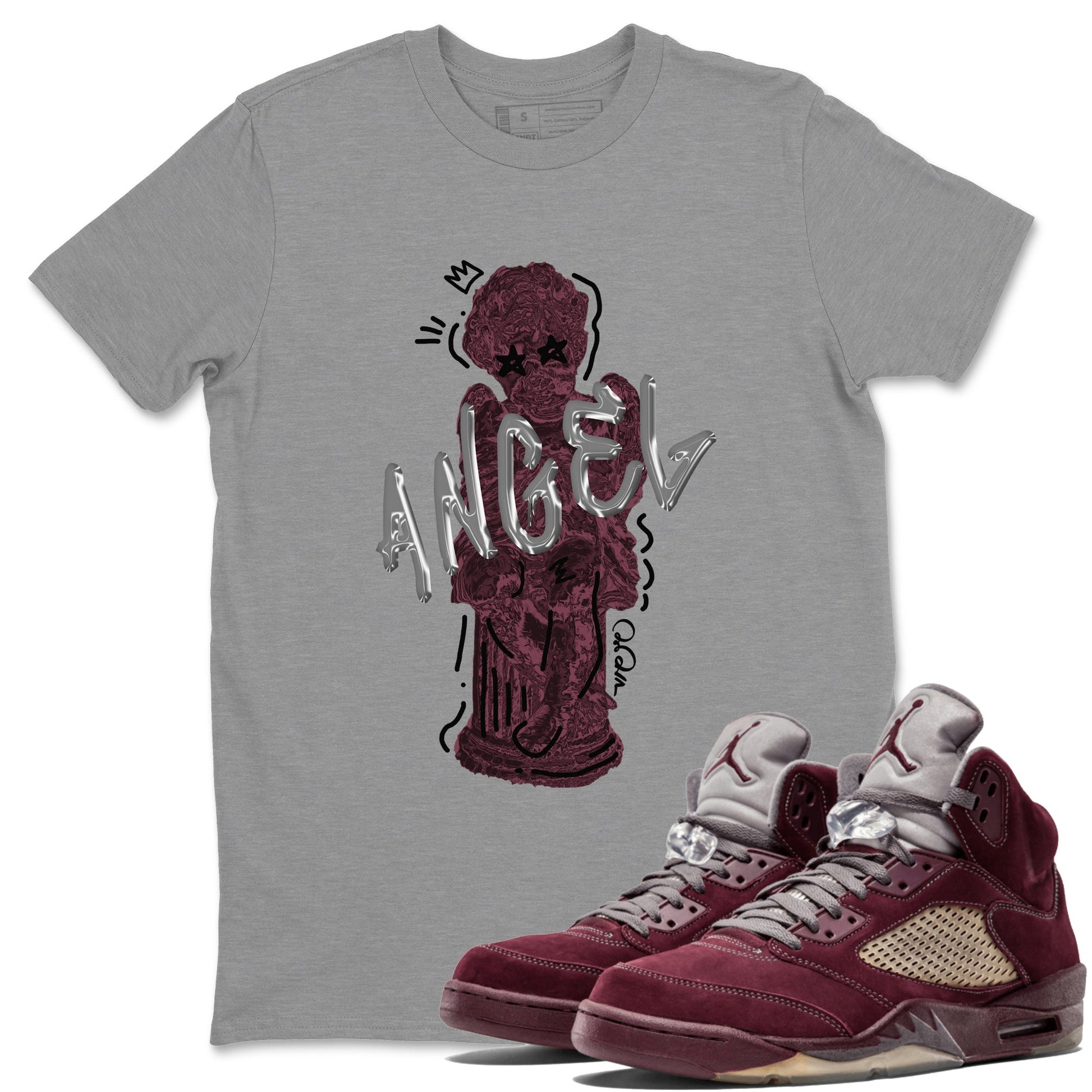 Air Jordan 5 Burgundy Sneaker Match Tees Baby Angel Sneaker Tees AJ5 Burgundy Sneaker Release Tees Unisex Shirts Heather Grey 1