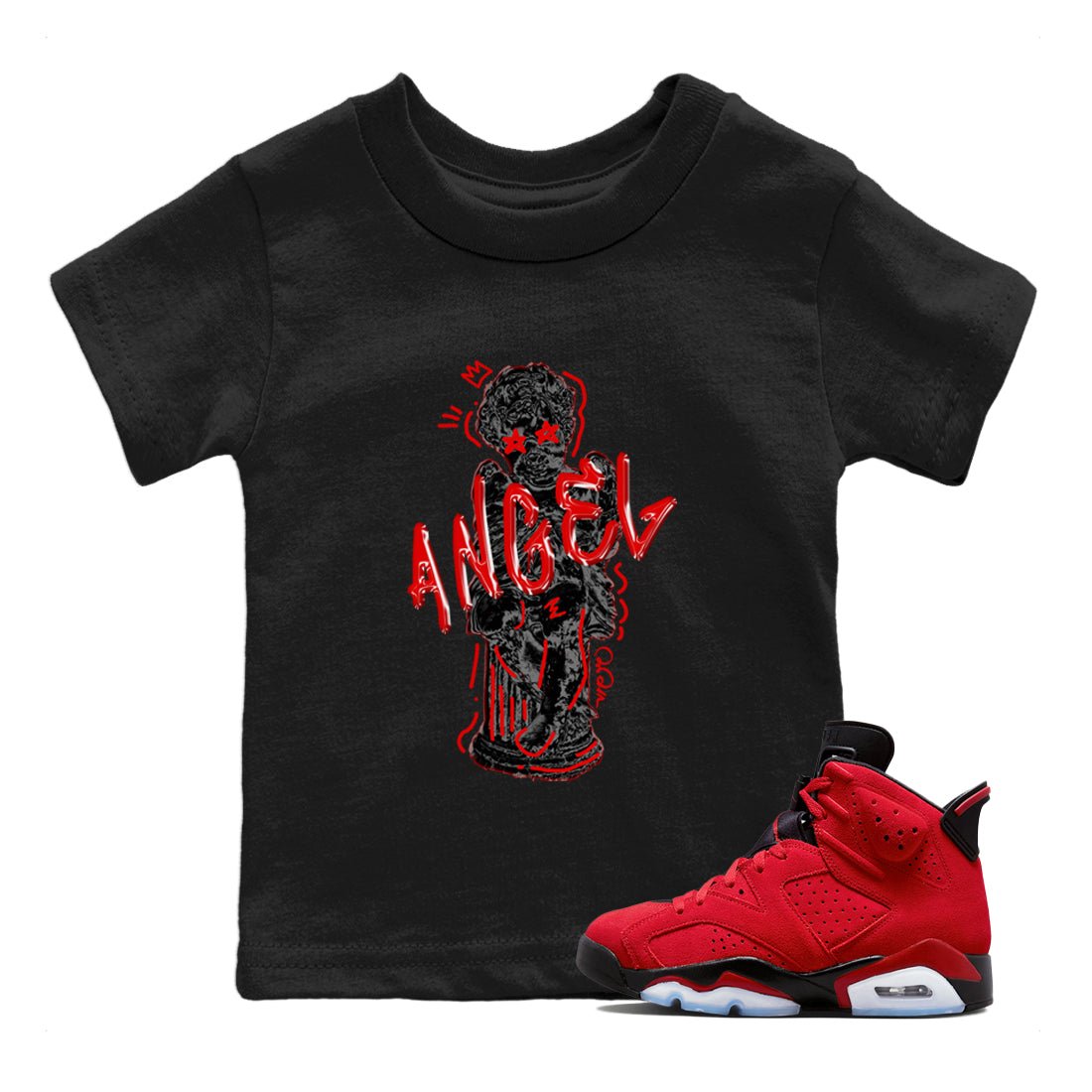 Air Jordan 6 Toro Bravo Sneaker Match Tees Baby Angel Sneaker Tees 3D Graphic Design Shirts AJ6 Toro Bravo Sneaker Release Tees Kids Shirts Black 1