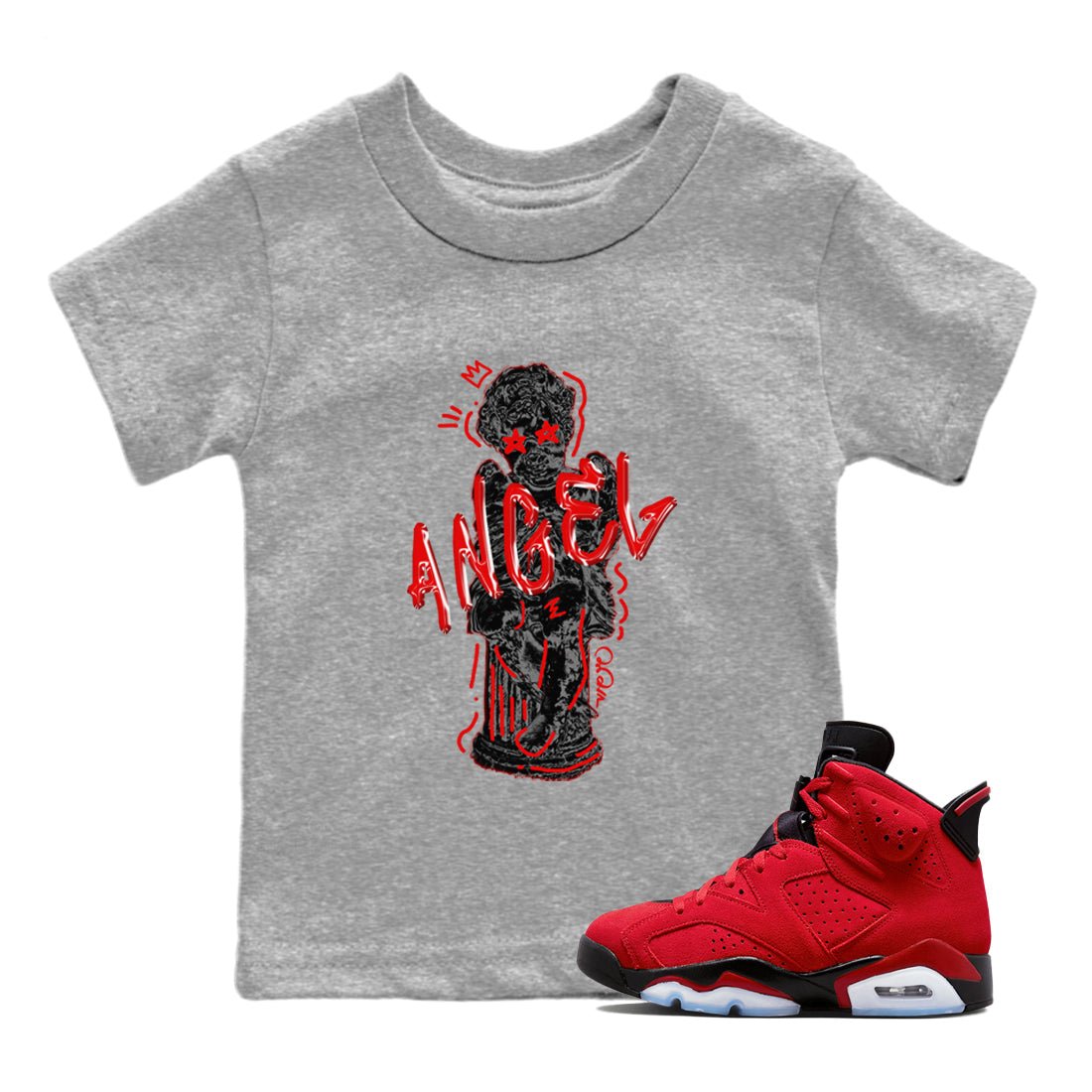 Air Jordan 6 Toro Bravo Sneaker Match Tees Baby Angel Sneaker Tees 3D Graphic Design Shirts AJ6 Toro Bravo Sneaker Release Tees Kids Shirts Heather Grey 1