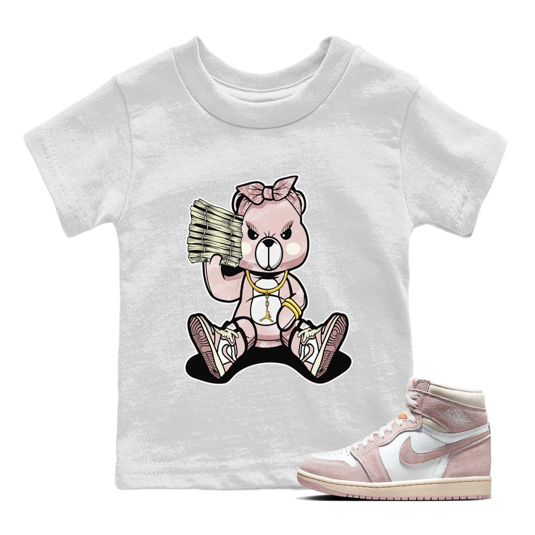 Air Jordan 1 Washed Pink Sneaker Match Tees Bad Baby Bear Sneaker Tees Air Jordan 1 High OG WMNS Washed Pink Sneaker Release Tees Kids Shirts White 1