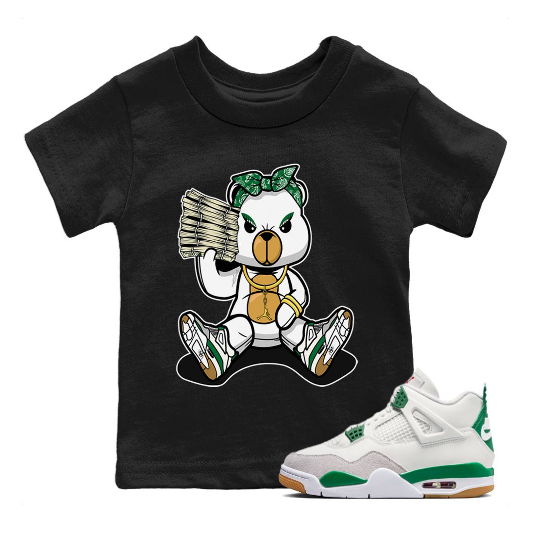 Jordan 4 Pine Green SB Sneaker Match Tees Bad Baby Bear Sneaker Tees Nike SB Air Jordan 4 Pine Green Sneaker Tees Sneaker Release Shirts Kids Shirts Black 1