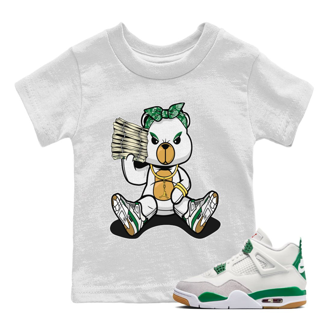 Air Jordan 4 Pine Green Sneaker Match Tees Bad Baby Bear Sneaker Tees Nike SB Air Jordan 4 Pine Green Sneaker Release Tees Kids Shirts White 1