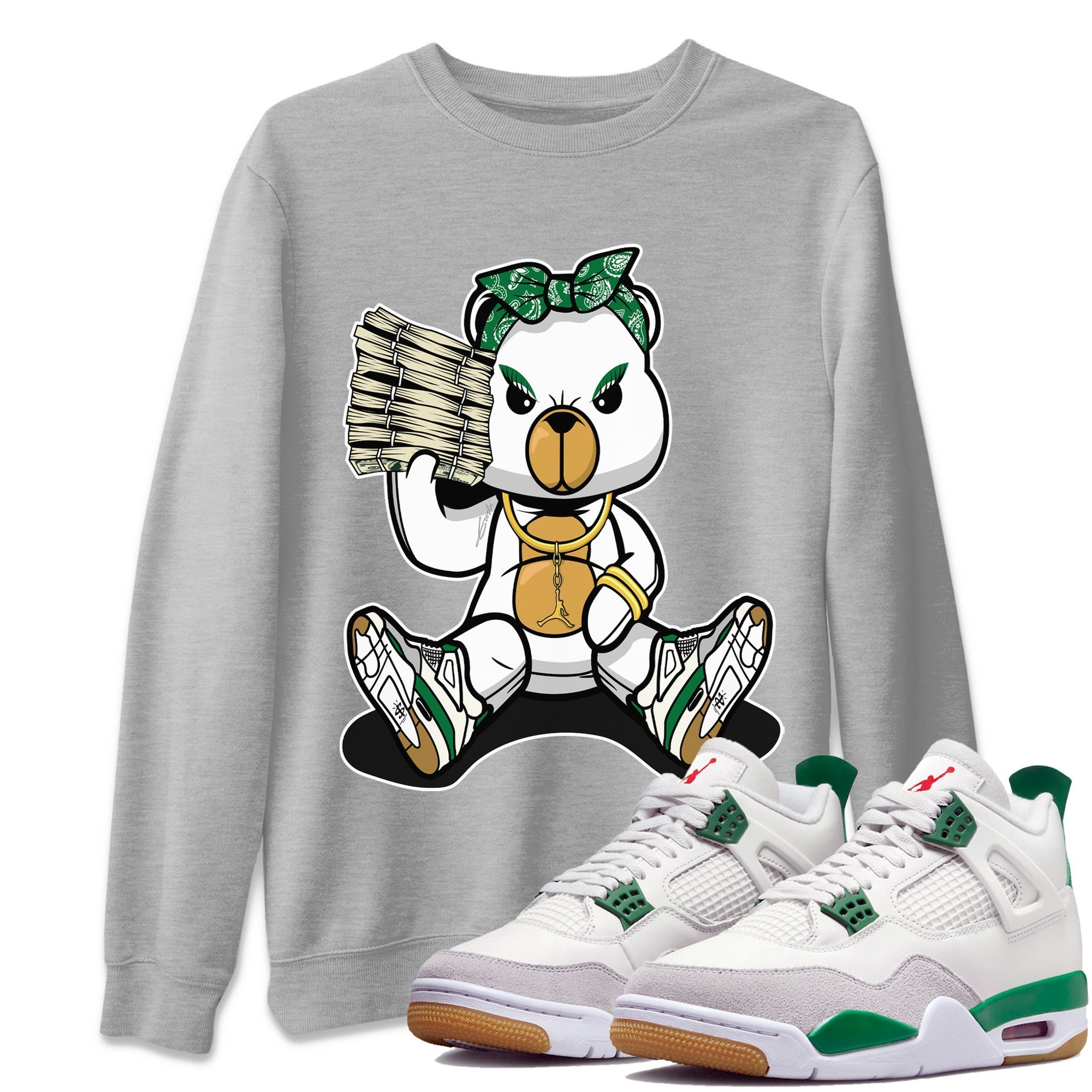 Jordan 4 Pine Green SB Sneaker Match Tees Bad Baby Bear Sneaker Tees Nike SB Air Jordan 4 Pine Green Sneaker Tees Sneaker Release Shirts Unisex Shirts Heather Grey 1
