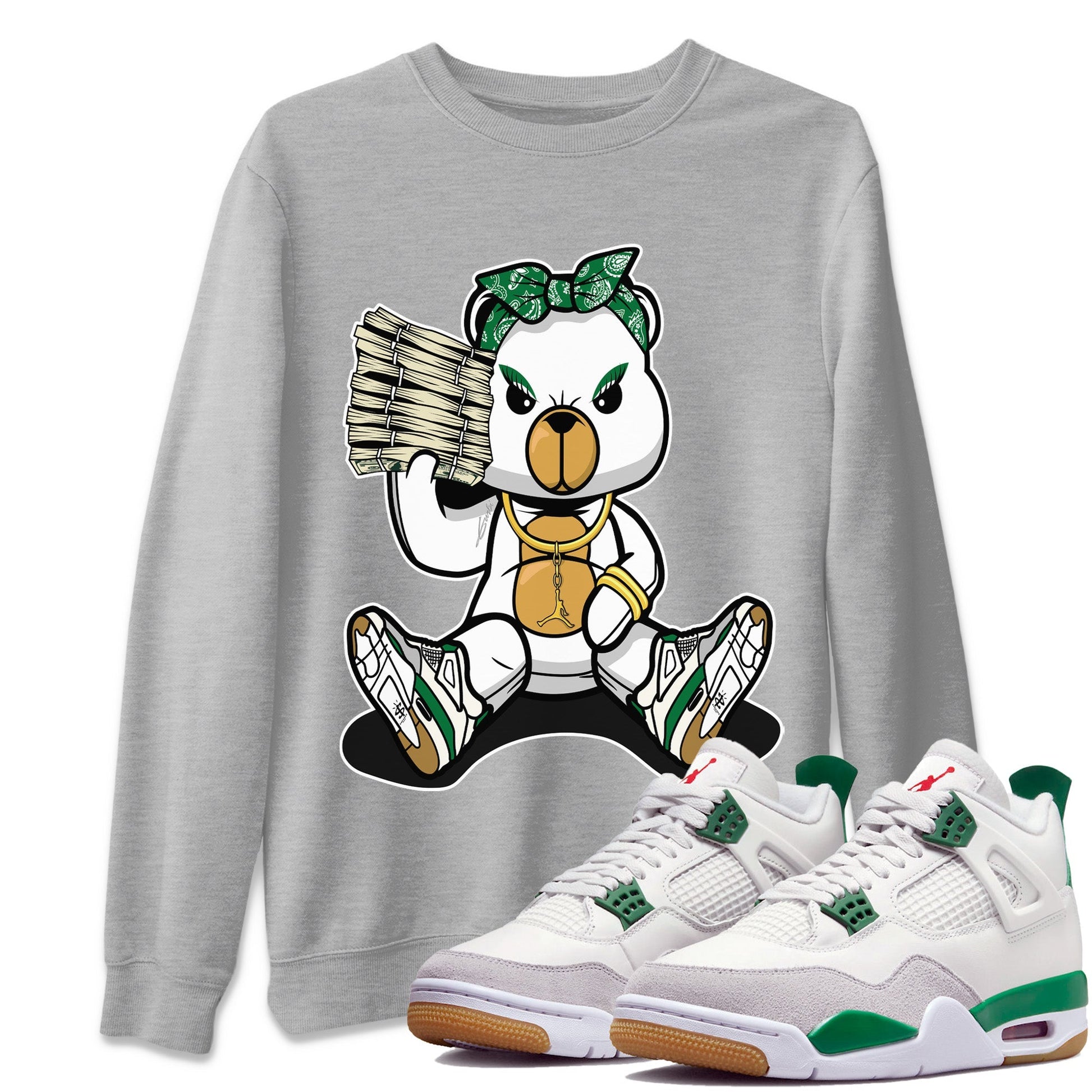 Jordan 4 Pine Green SB Sneaker Match Tees Bad Baby Bear Sneaker Tees Nike SB Air Jordan 4 Pine Green Sneaker Tees Sneaker Release Shirts Unisex Shirts Heather Grey 1