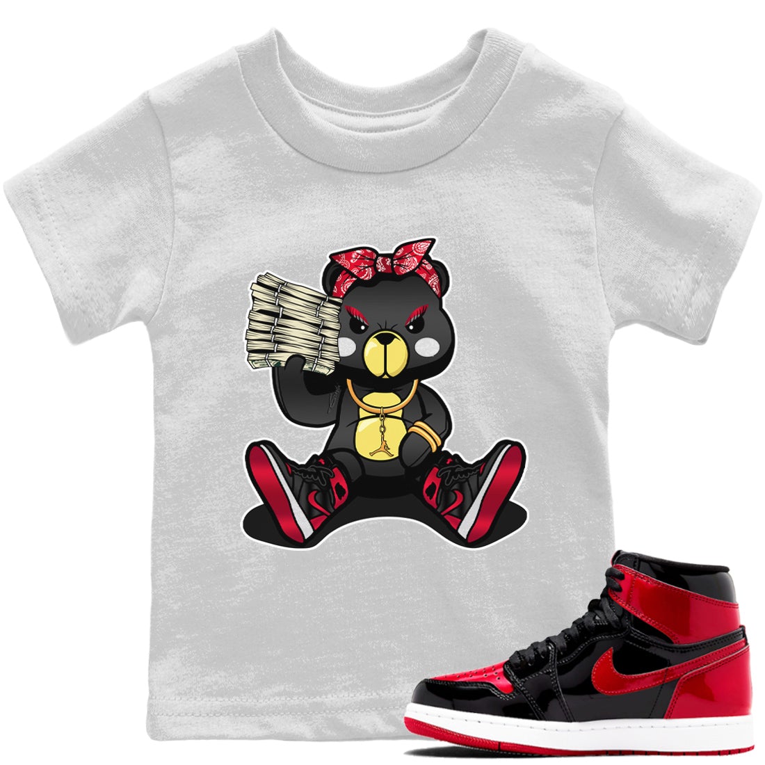 Jordan 1 Bred Patent Sneaker Match Tees Bad Baby Bear Sneaker Tees Jordan 1 Bred Patent Sneaker Release Tees Kids Shirts