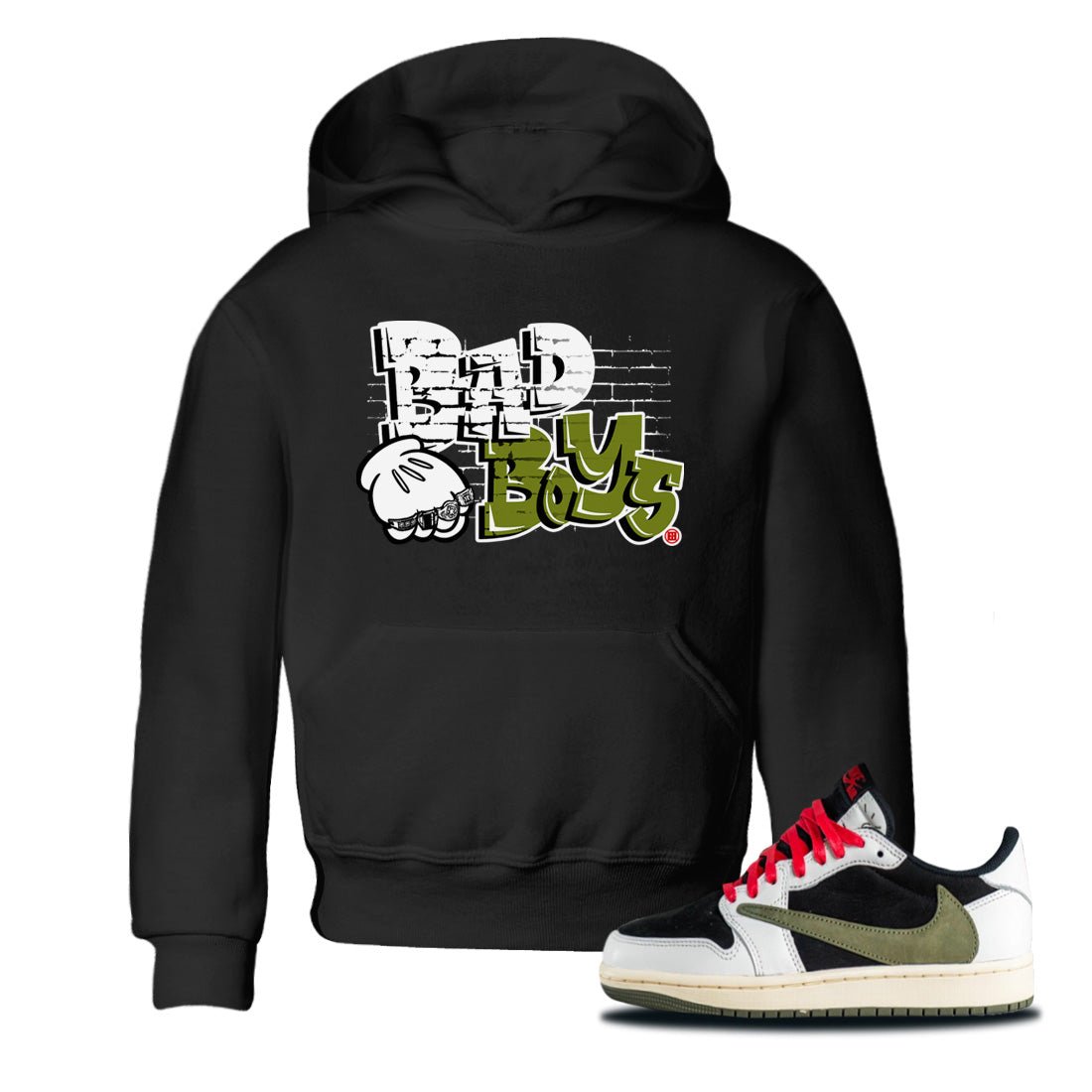 Air Jordan 1 Travis Scott Olive Sneaker Match Tees Bad Boys Sneaker Tees Air Jordan 1 Low x Travis Scott x Olive Sneaker Release Tees Kids Shirts Black 1