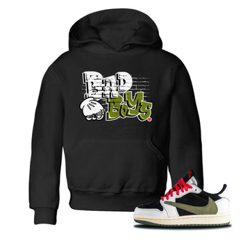 Air Jordan 1 Travis Scott Olive Sneaker Match Tees Bad Boys Sneaker Tees Air Jordan 1 Low x Travis Scott x Olive Sneaker Release Tees Kids Shirts Black 1