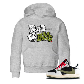 Air Jordan 1 Travis Scott Olive Sneaker Match Tees Bad Boys Sneaker Tees Air Jordan 1 Low x Travis Scott x Olive Sneaker Release Tees Kids Shirts Heather Grey 1