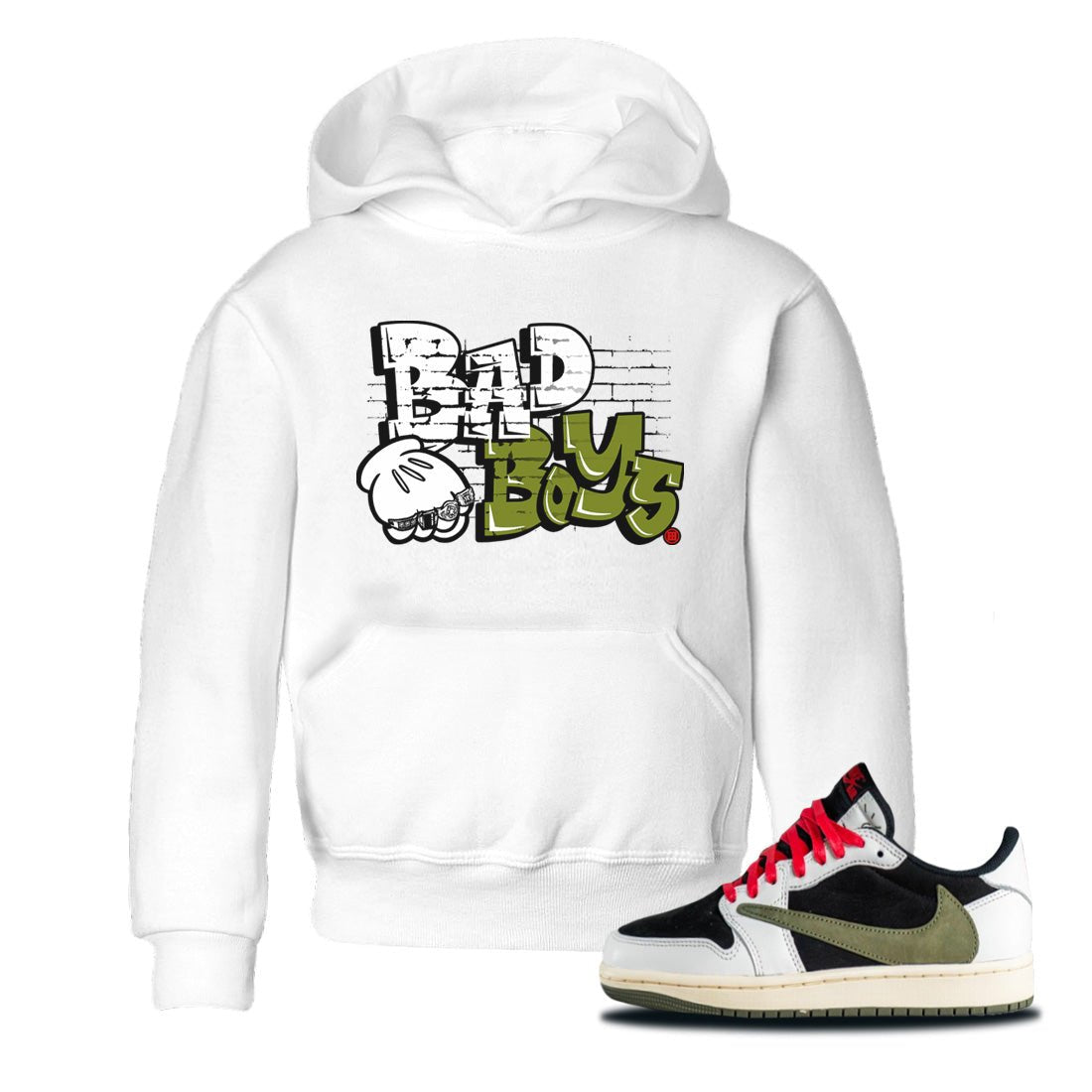 Air Jordan 1 Travis Scott Olive Sneaker Match Tees Bad Boys Sneaker Tees Air Jordan 1 Low x Travis Scott x Olive Sneaker Release Tees Kids Shirts White 1