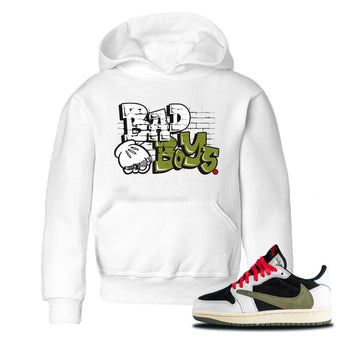 Air Jordan 1 Travis Scott Olive Sneaker Match Tees Bad Boys Sneaker Tees Air Jordan 1 Low x Travis Scott x Olive Sneaker Release Tees Kids Shirts White 1