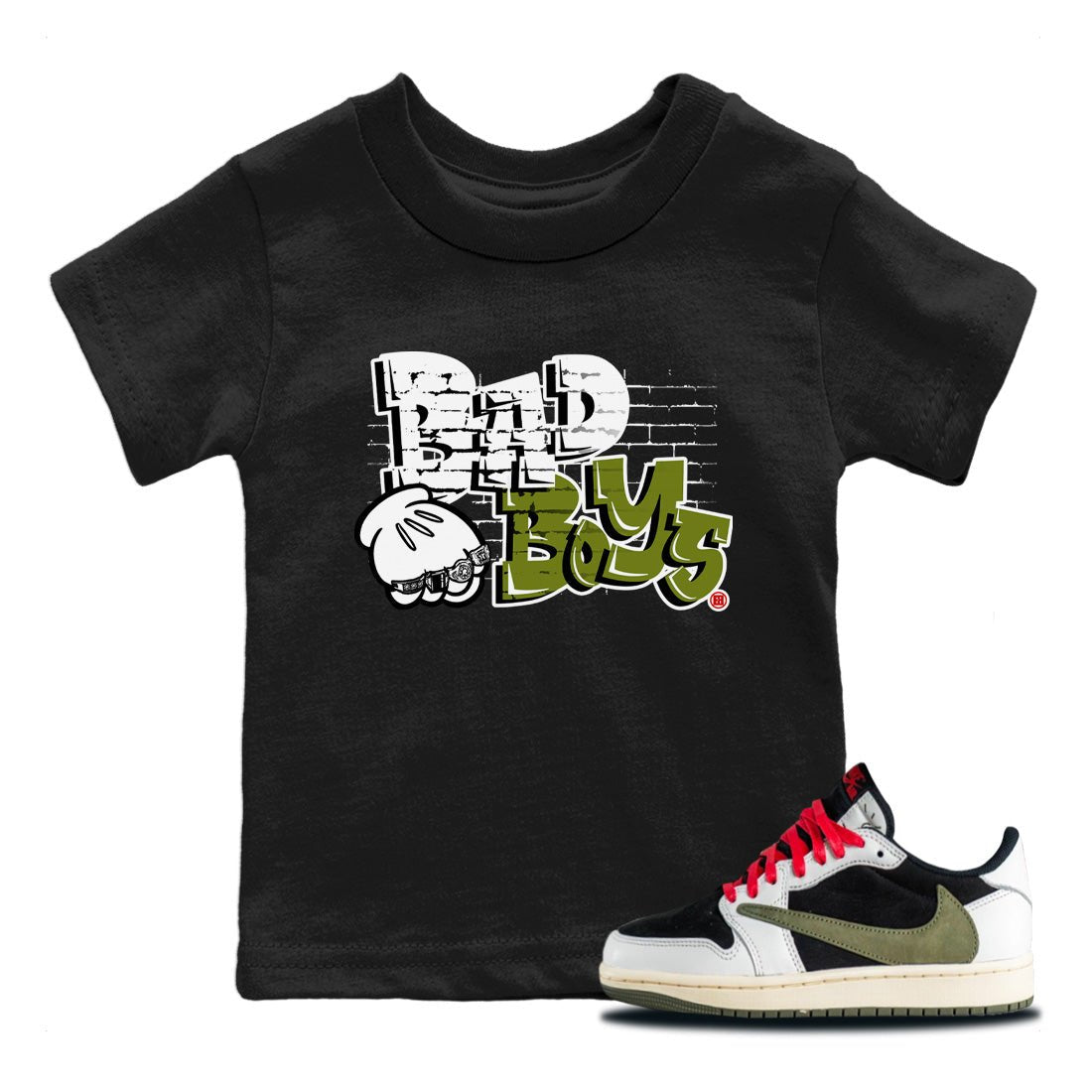 Air Jordan 1 Travis Scott Olive Sneaker Match Tees Bad Boys Sneaker Tees Air Jordan 1 Low x Travis Scott x Olive Sneaker Release Tees Kids Shirts Black 1