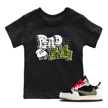 Air Jordan 1 Travis Scott Olive Sneaker Match Tees Bad Boys Sneaker Tees Air Jordan 1 Low x Travis Scott x Olive Sneaker Release Tees Kids Shirts Black 1