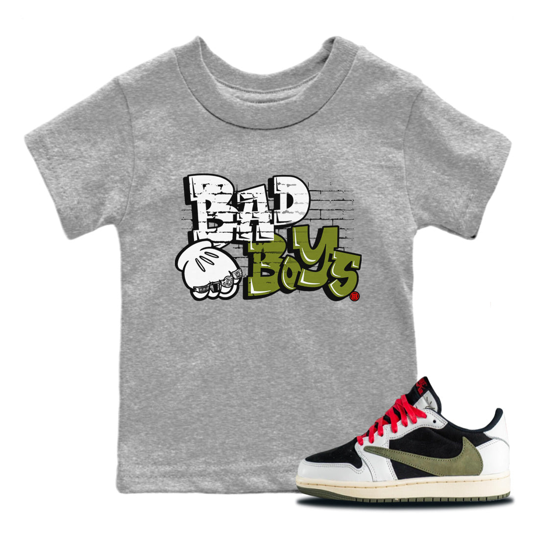 Air Jordan 1 Travis Scott Olive Sneaker Match Tees Bad Boys Sneaker Tees Air Jordan 1 Low x Travis Scott x Olive Sneaker Release Tees Kids Shirts Heather Grey 1
