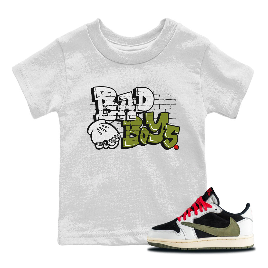 Air Jordan 1 Travis Scott Olive Sneaker Match Tees Bad Boys Sneaker Tees Air Jordan 1 Low x Travis Scott x Olive Sneaker Release Tees Kids Shirts White 1