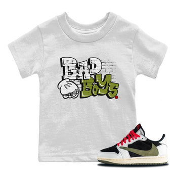Air Jordan 1 Travis Scott Olive Sneaker Match Tees Bad Boys Sneaker Tees Air Jordan 1 Low x Travis Scott x Olive Sneaker Release Tees Kids Shirts White 1