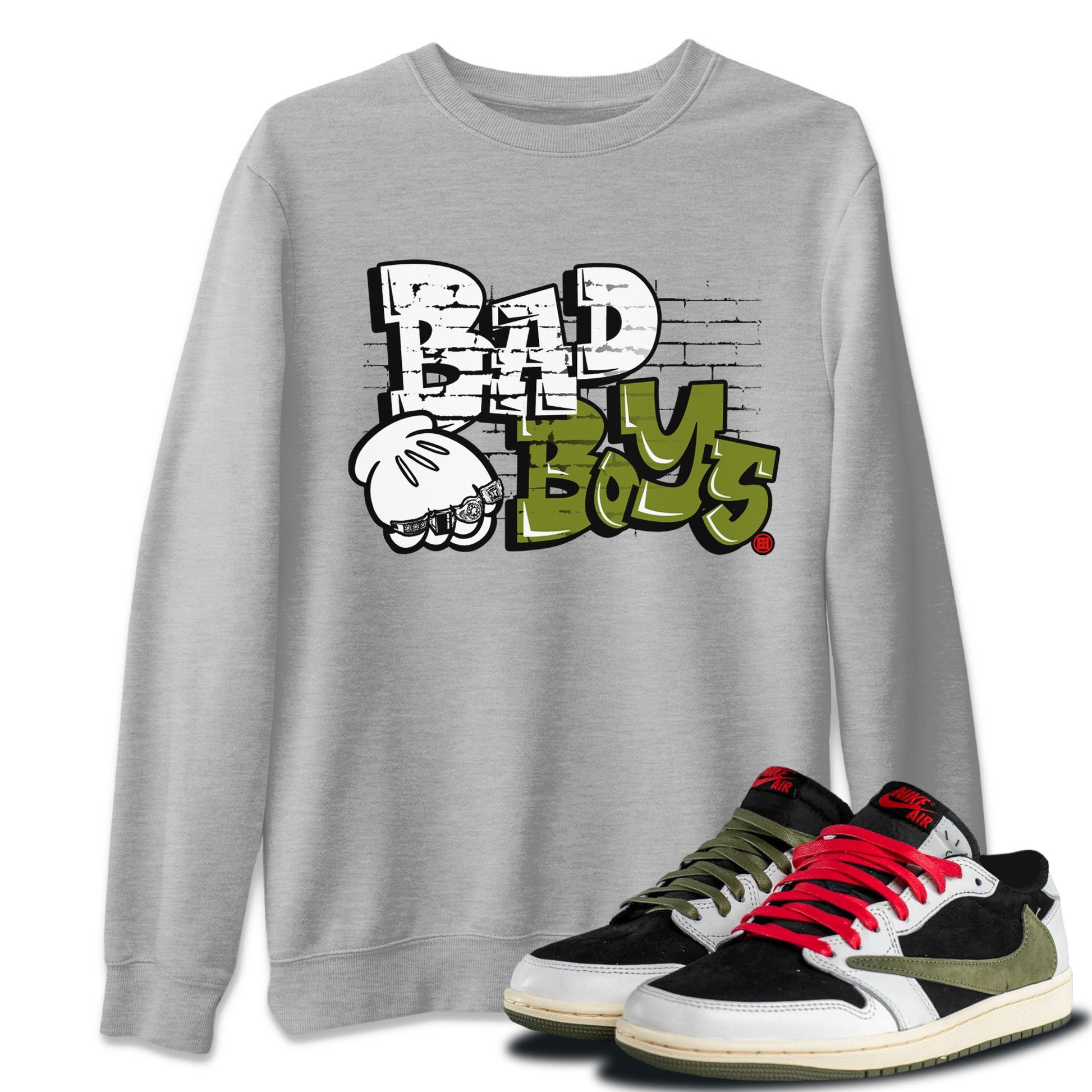 Air Jordan 1 Travis Scott Olive Sneaker Match Tees Bad Boys Sneaker Tees Air Jordan 1 Low x Travis Scott x Olive Sneaker Release Tees Unisex Shirts Heather Grey 1