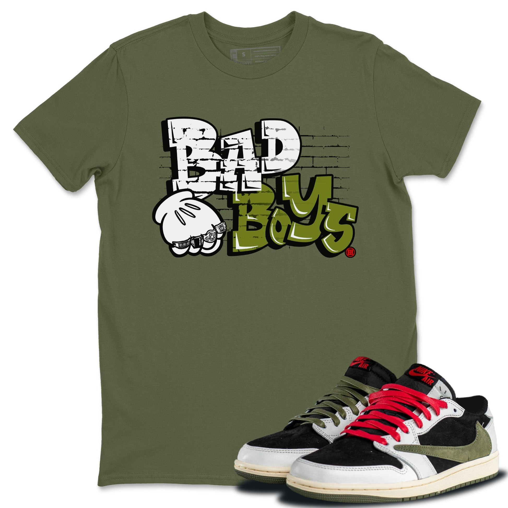 Air Jordan 1 Travis Scott Olive Sneaker Match Tees Bad Boys Sneaker Tees Air Jordan 1 Low x Travis Scott x Olive Sneaker Release Tees Unisex Shirts Military Green 1