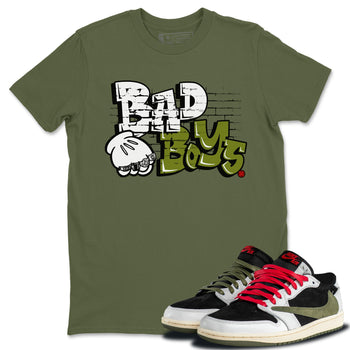 Air Jordan 1 Travis Scott Olive Sneaker Match Tees Bad Boys Sneaker Tees Air Jordan 1 Low x Travis Scott x Olive Sneaker Release Tees Unisex Shirts Military Green 1