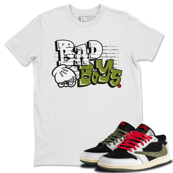 Air Jordan 1 Travis Scott Olive Sneaker Match Tees Bad Boys Sneaker Tees Air Jordan 1 Low x Travis Scott x Olive Sneaker Release Tees Unisex Shirts White 1