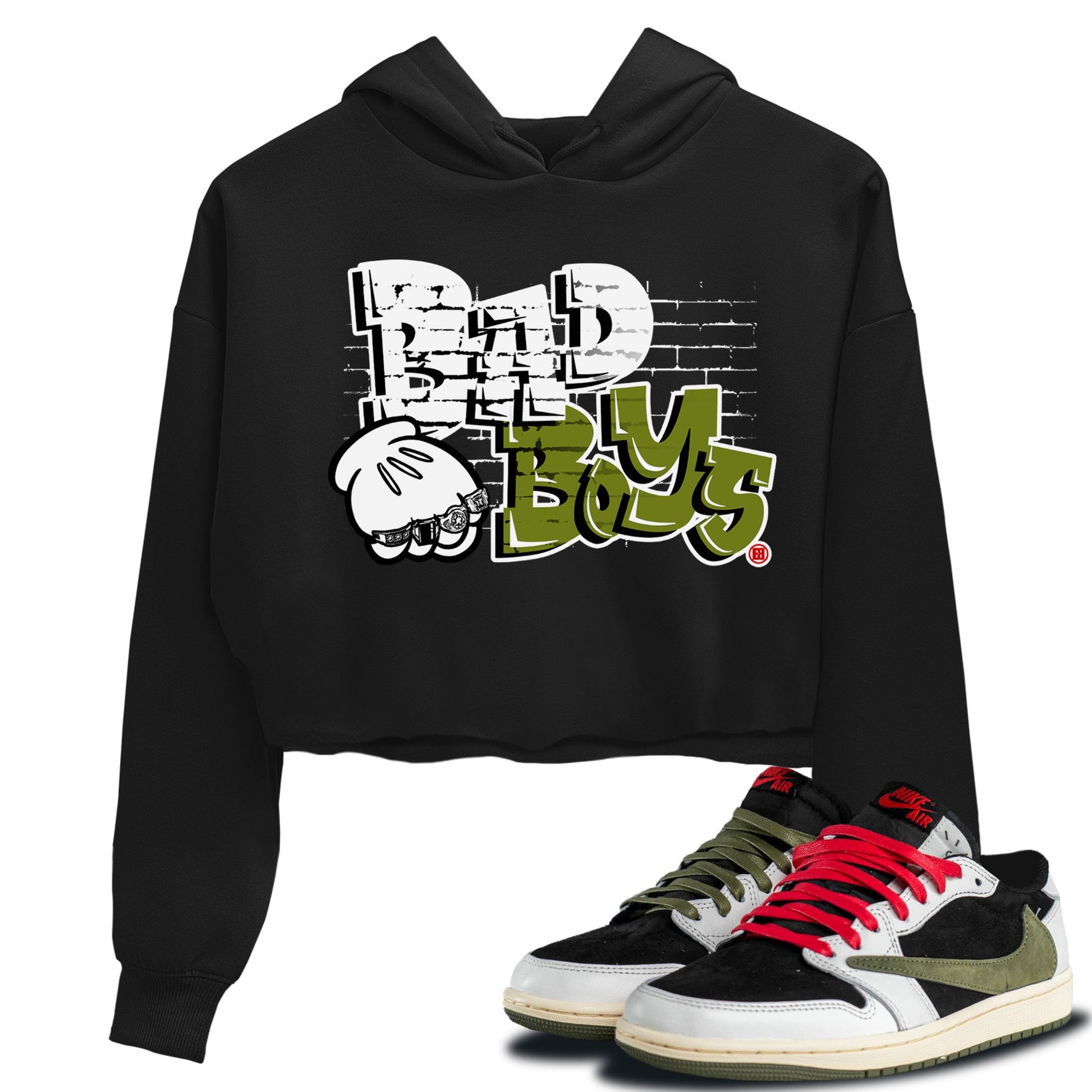Air Jordan 1 Travis Scott Olive Sneaker Match Tees Bad Boys Sneaker Tees Air Jordan 1 Low x Travis Scott x Olive Sneaker Release Tees Women's Shirts Black 1