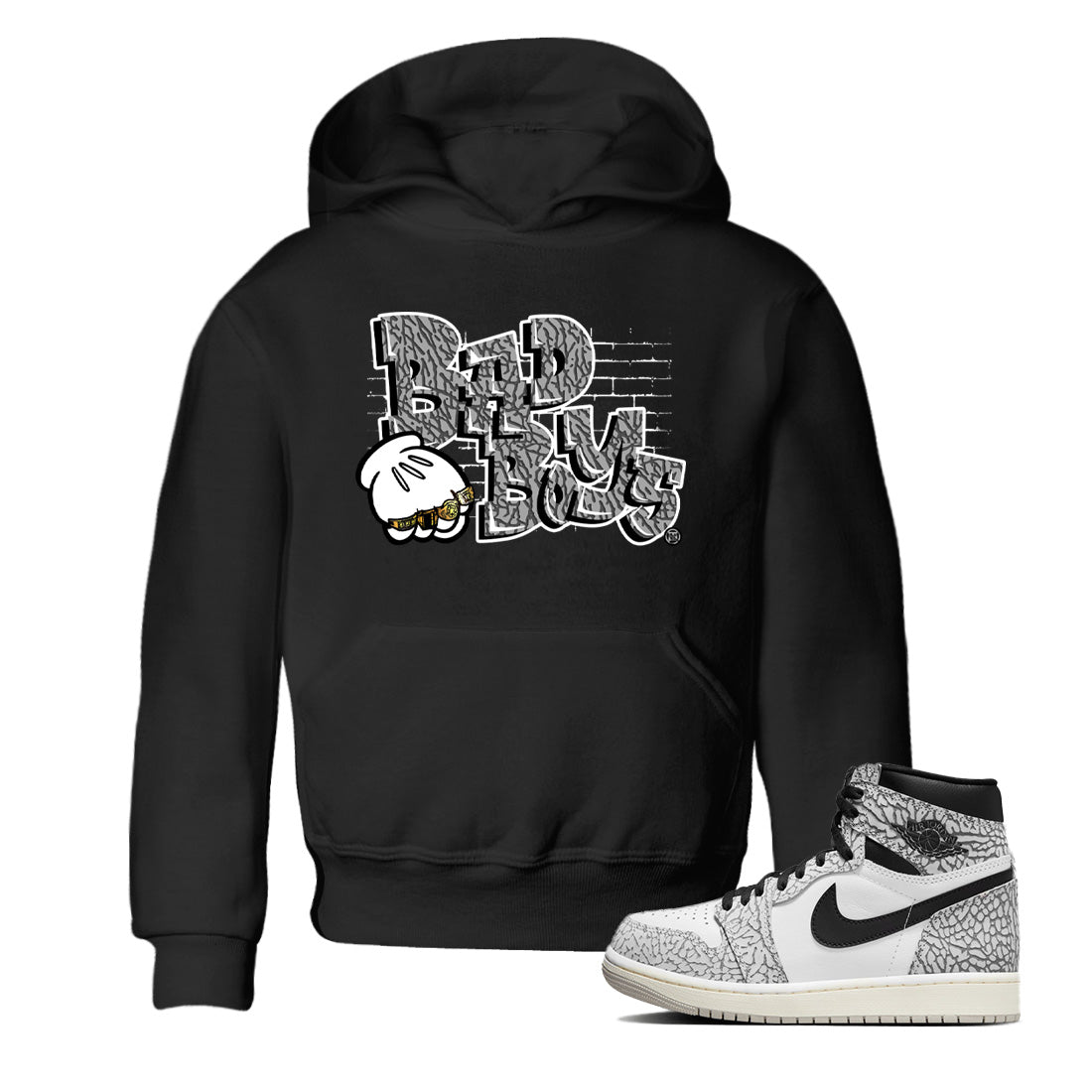Air Jordan 1 White Cement Sneaker Match Tees Bad Boys Sneaker Tees Air Jordan 1 High OG White Cement Sneaker Release Tees Kids Shirts Black 1