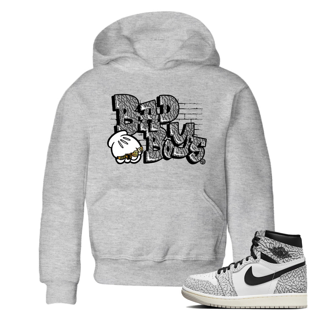 Air Jordan 1 White Cement Sneaker Match Tees Bad Boys Sneaker Tees Air Jordan 1 High OG White Cement Sneaker Release Tees Kids Shirts Heather Grey 1