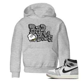 Air Jordan 1 White Cement Sneaker Match Tees Bad Boys Sneaker Tees Air Jordan 1 High OG White Cement Sneaker Release Tees Kids Shirts Heather Grey 1