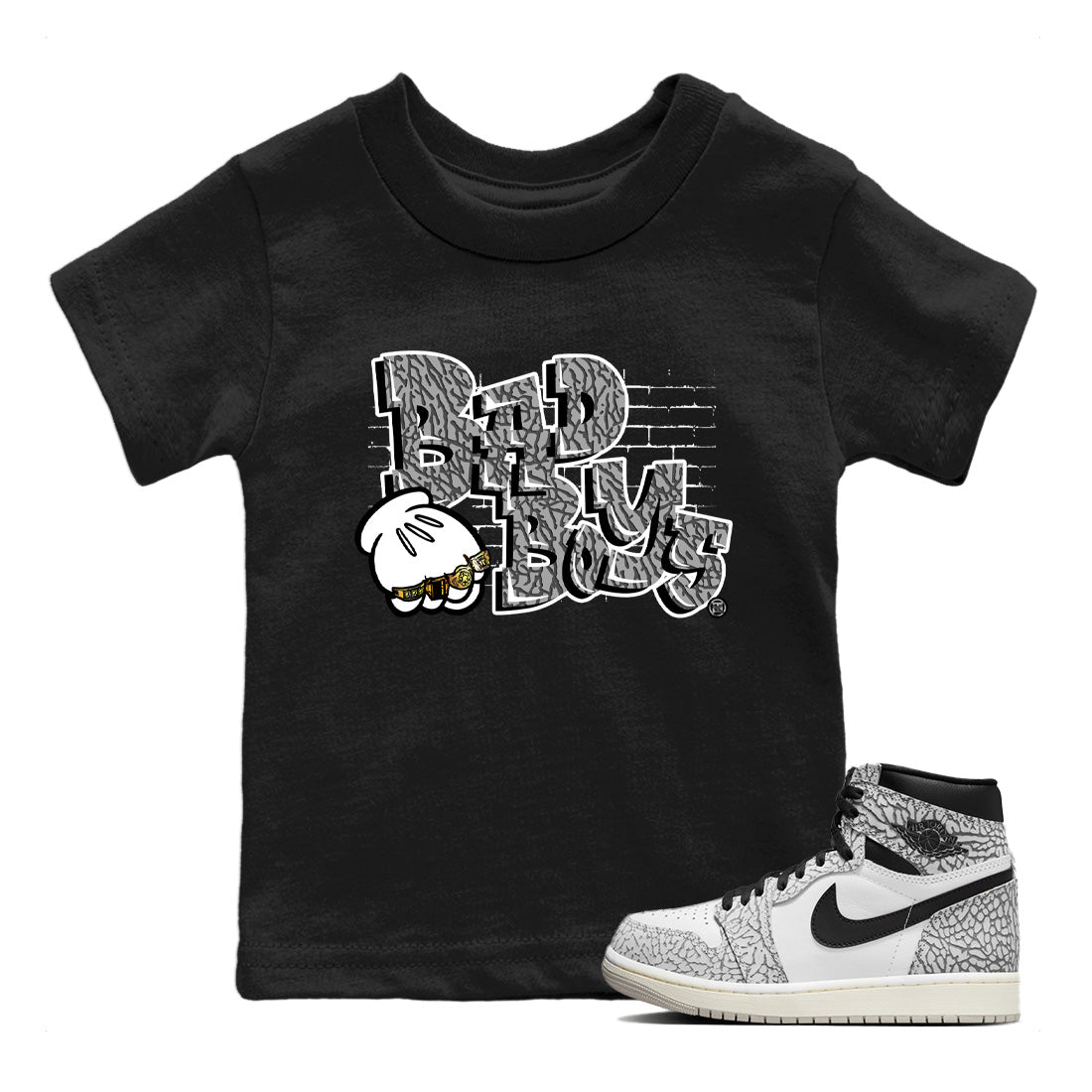 Air Jordan 1 White Cement Sneaker Match Tees Bad Boys Sneaker Tees Air Jordan 1 High OG White Cement Sneaker Release Tees Kids Shirts Black 1