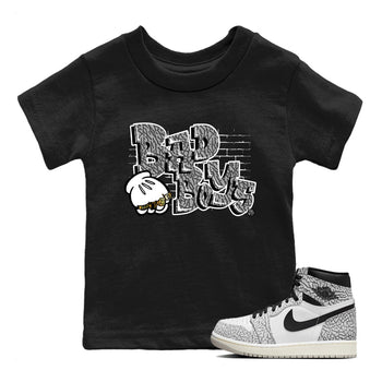 Air Jordan 1 White Cement Sneaker Match Tees Bad Boys Sneaker Tees Air Jordan 1 High OG White Cement Sneaker Release Tees Kids Shirts Black 1