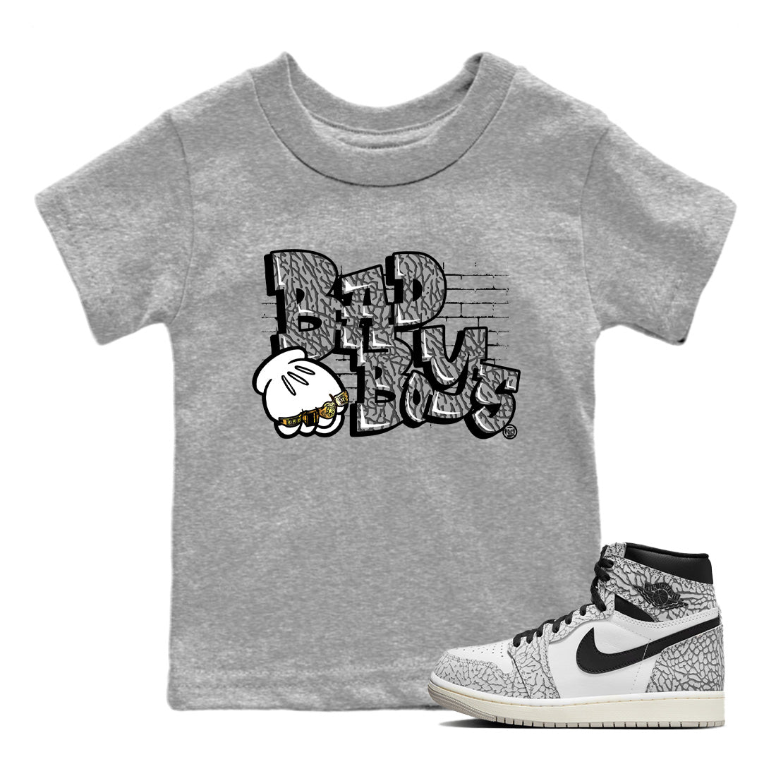 Air Jordan 1 White Cement Sneaker Match Tees Bad Boys Sneaker Tees Air Jordan 1 High OG White Cement Sneaker Release Tees Kids Shirts Heather Grey 1