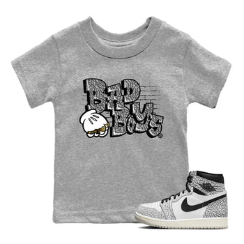 Air Jordan 1 White Cement Sneaker Match Tees Bad Boys Sneaker Tees Air Jordan 1 High OG White Cement Sneaker Release Tees Kids Shirts Heather Grey 1