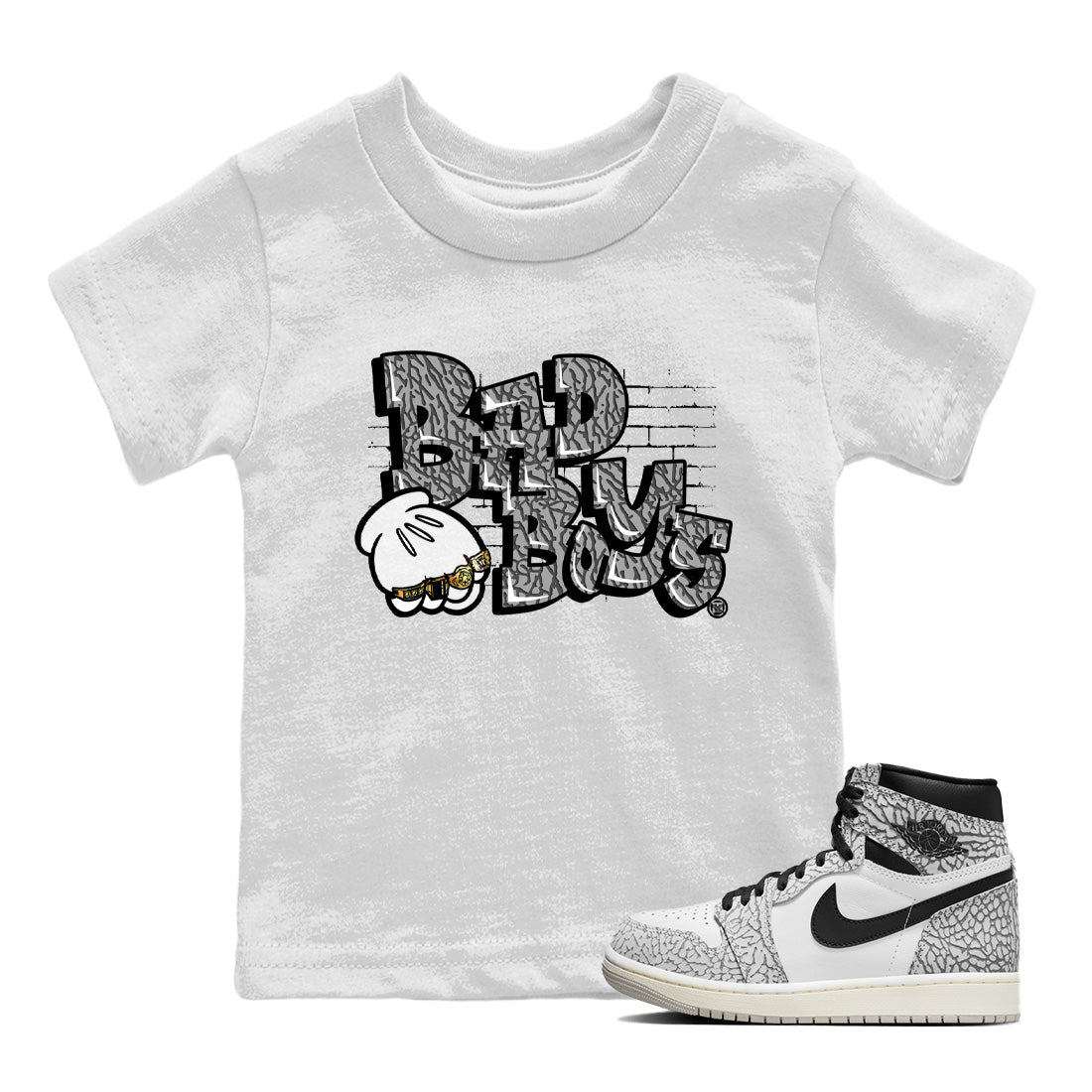 Air Jordan 1 White Cement Sneaker Match Tees Bad Boys Sneaker Tees Air Jordan 1 High OG White Cement Sneaker Release Tees Kids Shirts White 1