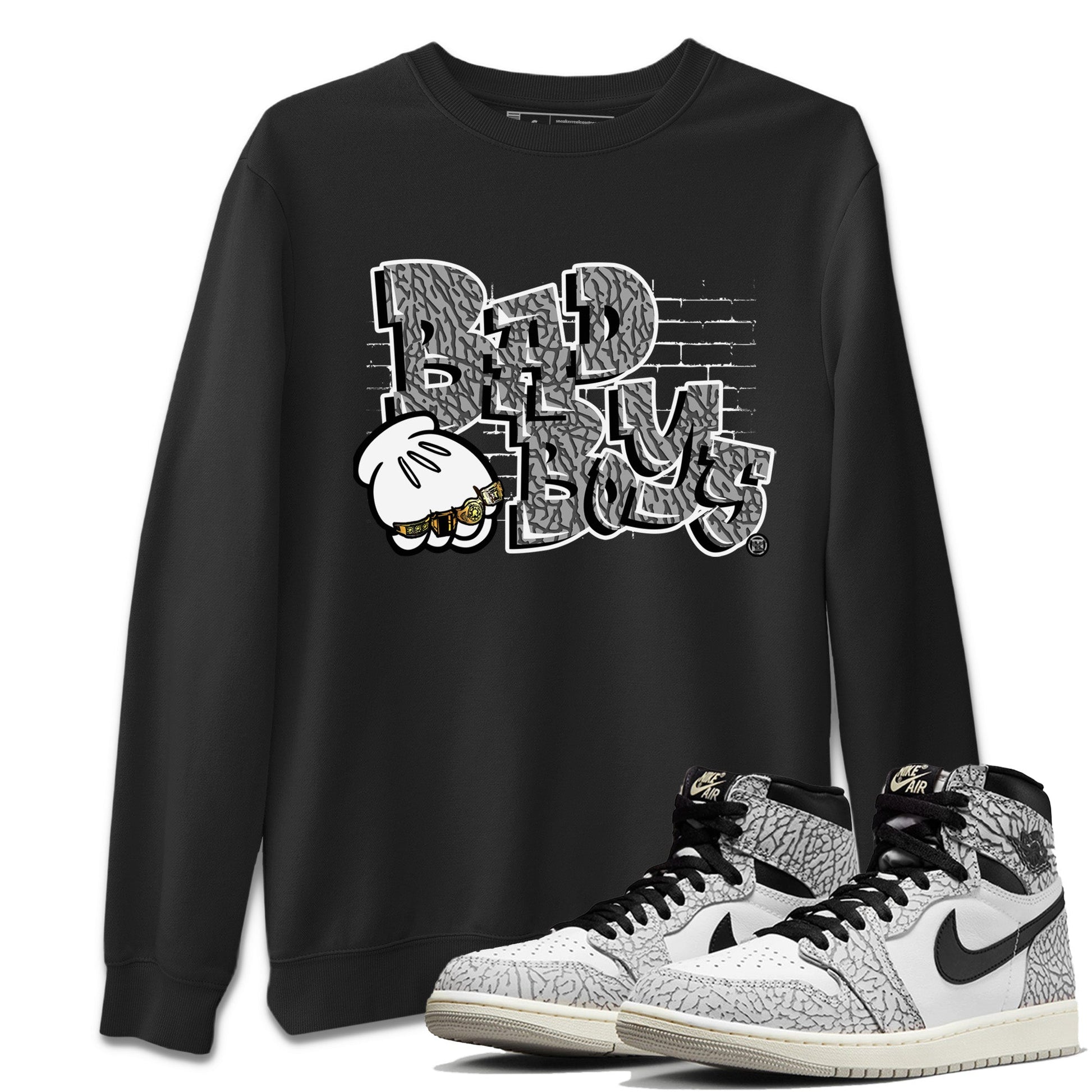 Air Jordan 1 White Cement Sneaker Match Tees Bad Boys Sneaker Tees Air Jordan 1 High OG White Cement Sneaker Release Tees Unisex Shirts Black 1