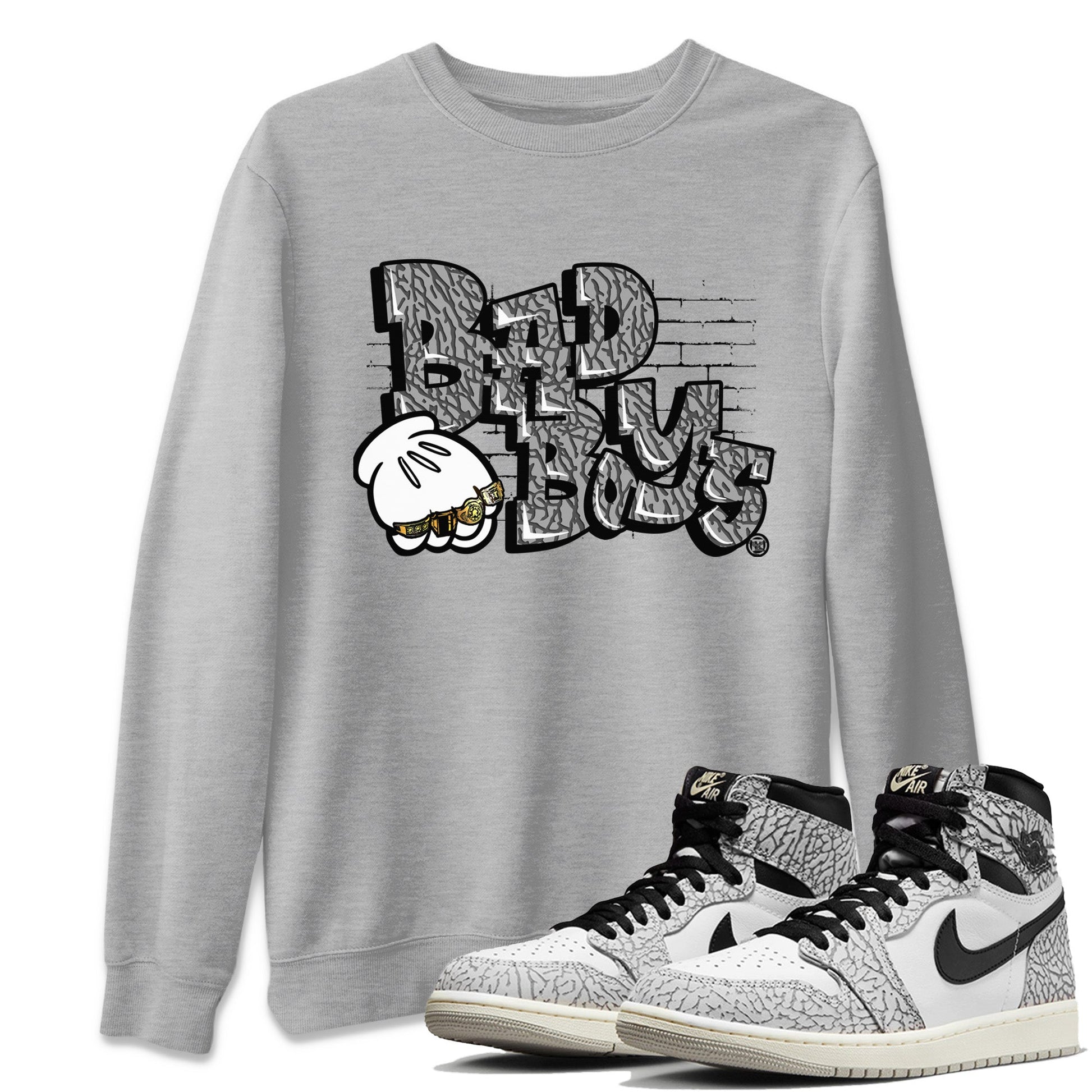 Air Jordan 1 White Cement Sneaker Match Tees Bad Boys Sneaker Tees Air Jordan 1 High OG White Cement Sneaker Release Tees Unisex Shirts Heather Grey 1