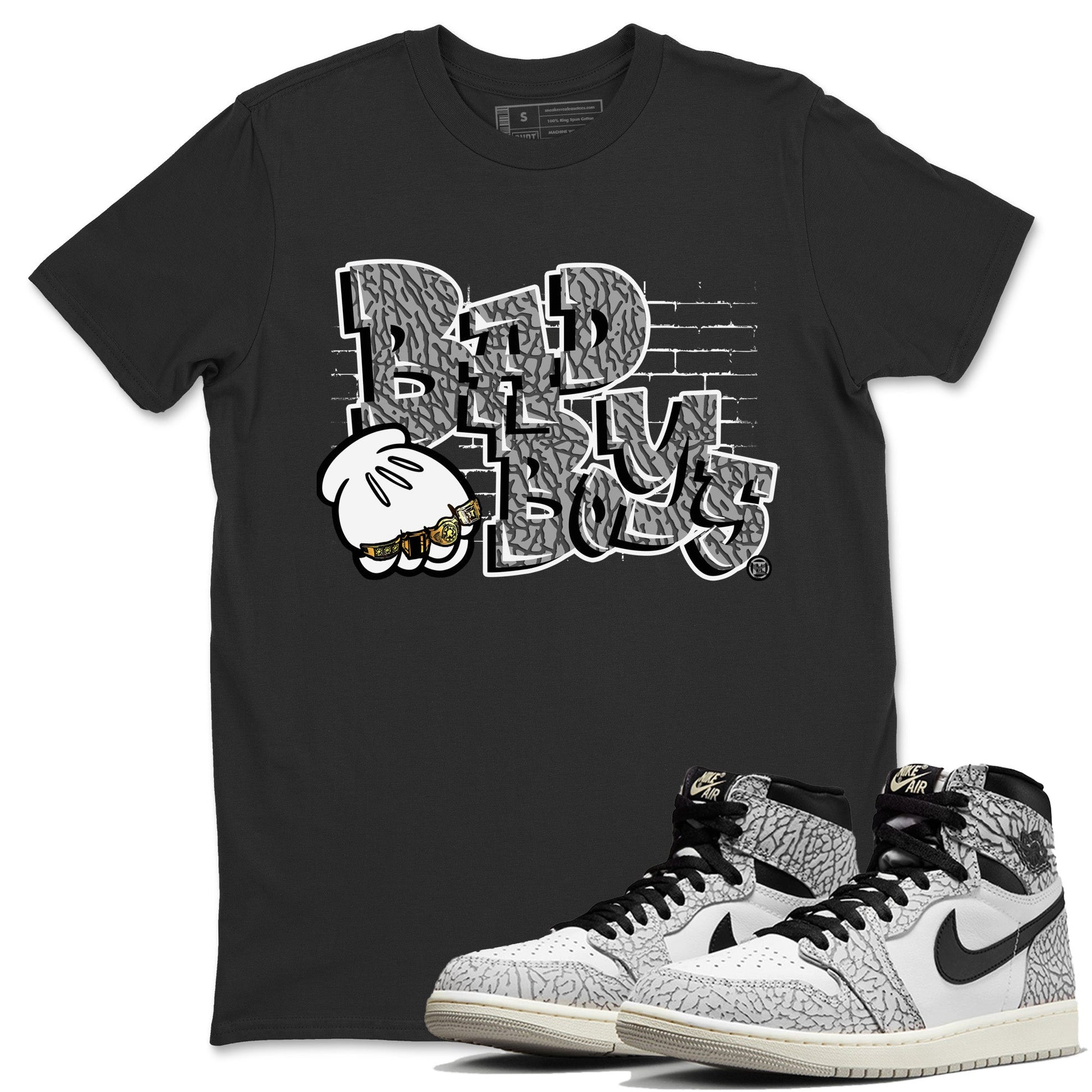Air Jordan 1 White Cement Sneaker Match Tees Bad Boys Sneaker Tees Air Jordan 1 High OG White Cement Sneaker Release Tees Unisex Shirts Black 1