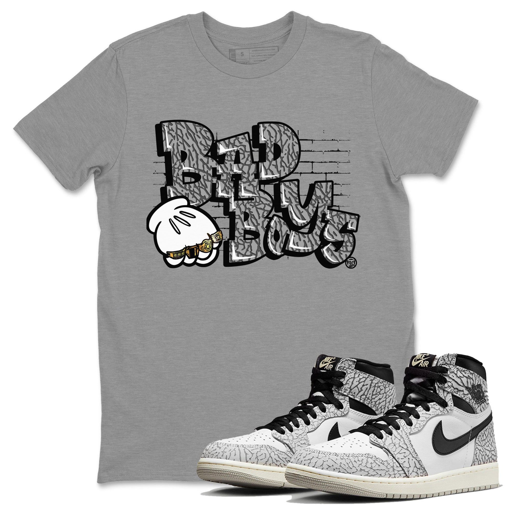 Air Jordan 1 White Cement Sneaker Match Tees Bad Boys Sneaker Tees Air Jordan 1 High OG White Cement Sneaker Release Tees Unisex Shirts Heather Grey 1