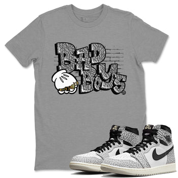 Air Jordan 1 White Cement Sneaker Match Tees Bad Boys Sneaker Tees Air Jordan 1 High OG White Cement Sneaker Release Tees Unisex Shirts Heather Grey 1
