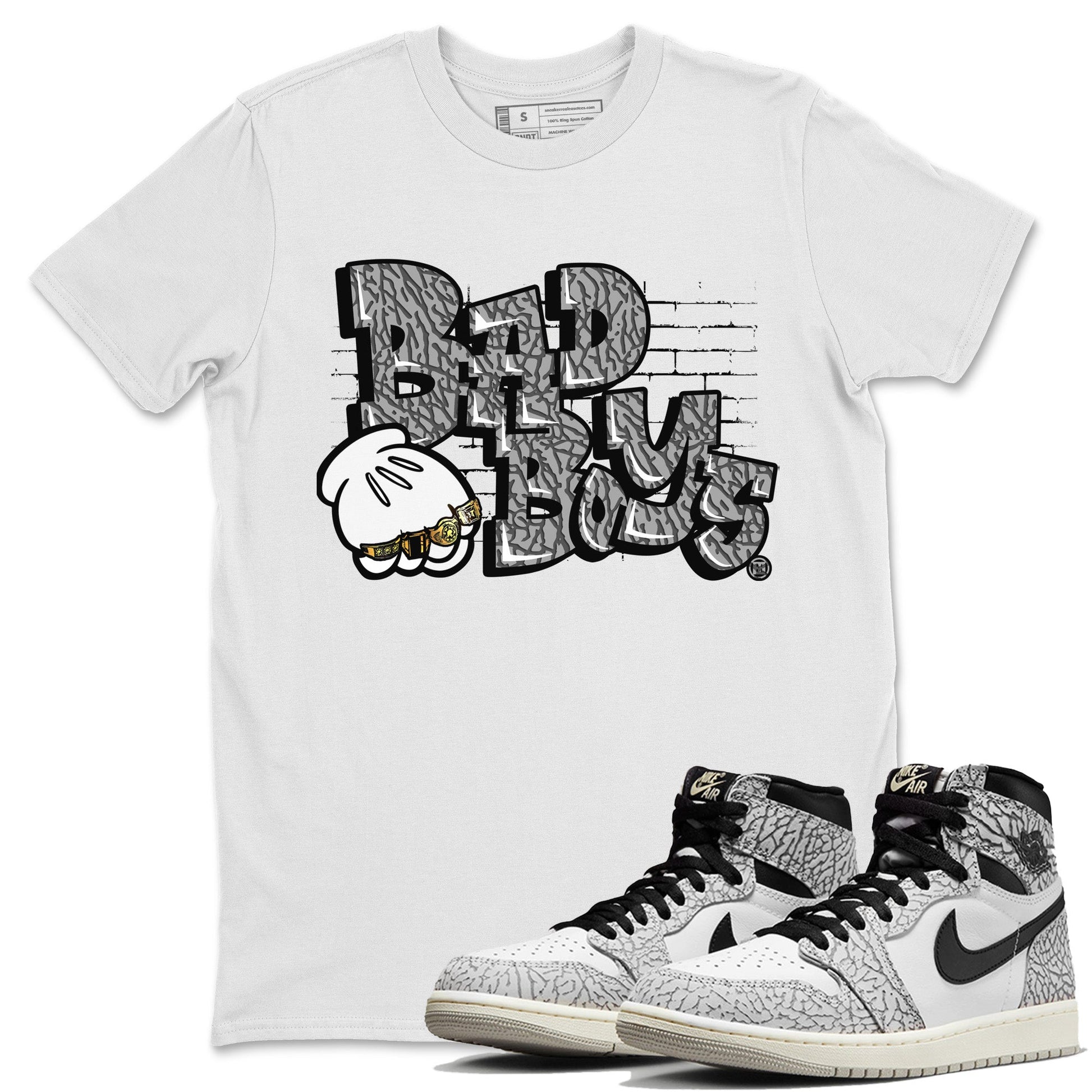 Air Jordan 1 White Cement Sneaker Match Tees Bad Boys Sneaker Tees Air Jordan 1 High OG White Cement Sneaker Release Tees Unisex Shirts White 1