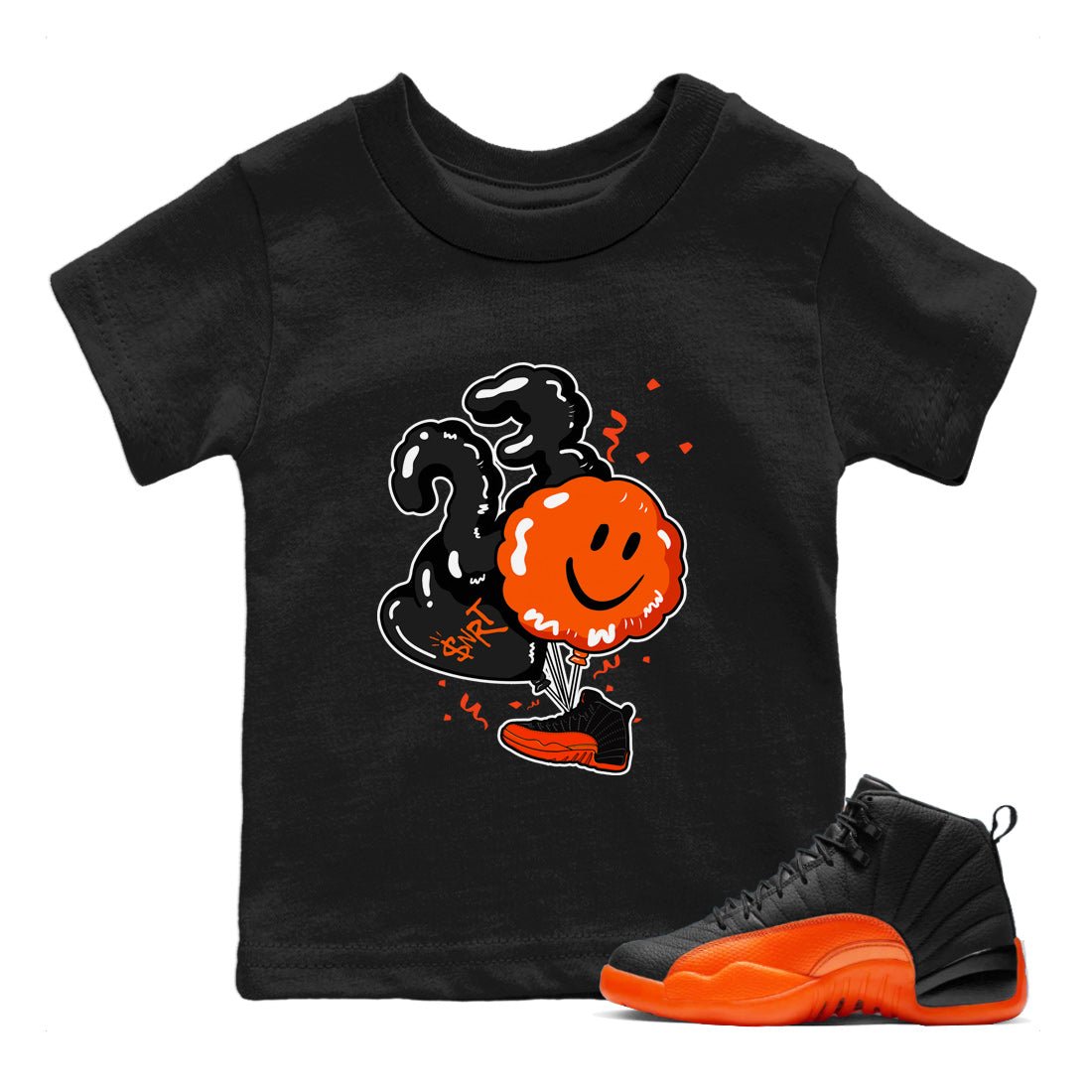 Air Jordan 12 Brilliant Orange Sneaker Match Tees Balloon Sneaker Tees 12s Brilliant Orange Shirts Kids Shirts Black 1