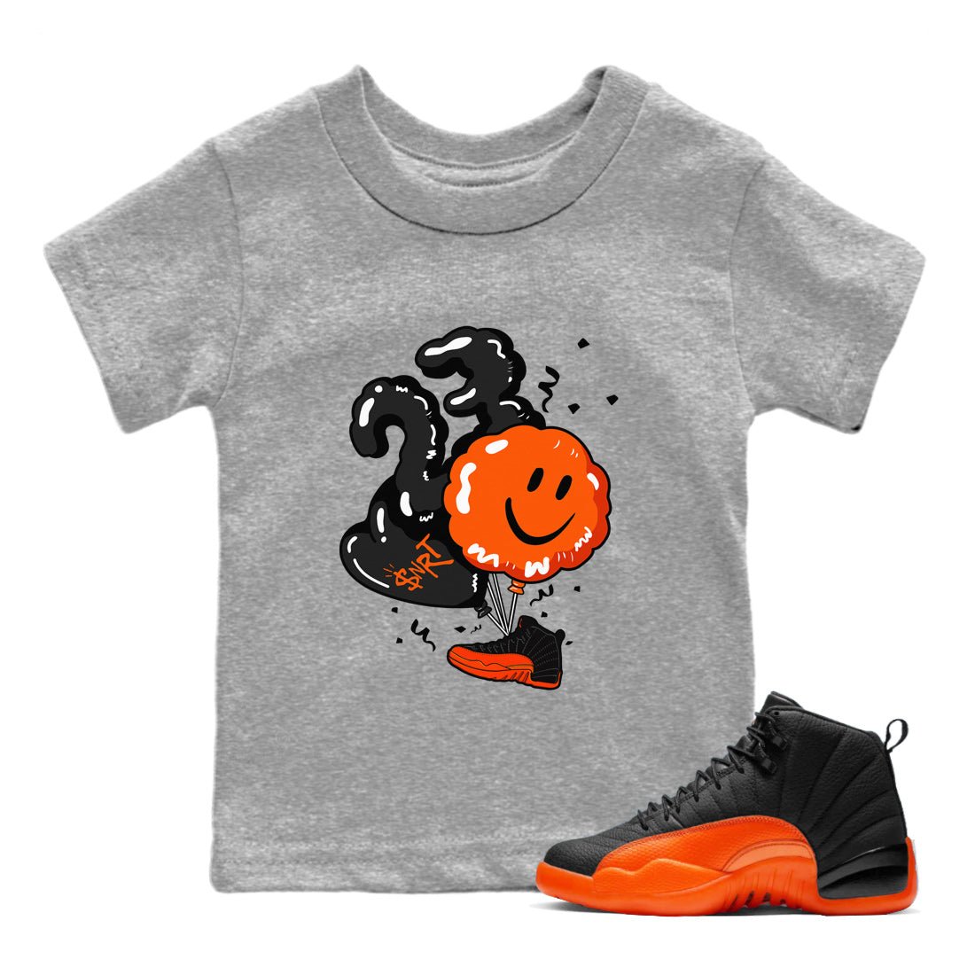 Air Jordan 12 Brilliant Orange Sneaker Match Tees Balloon Sneaker Tees 12s Brilliant Orange Shirts Kids Shirts Heather Grey 1