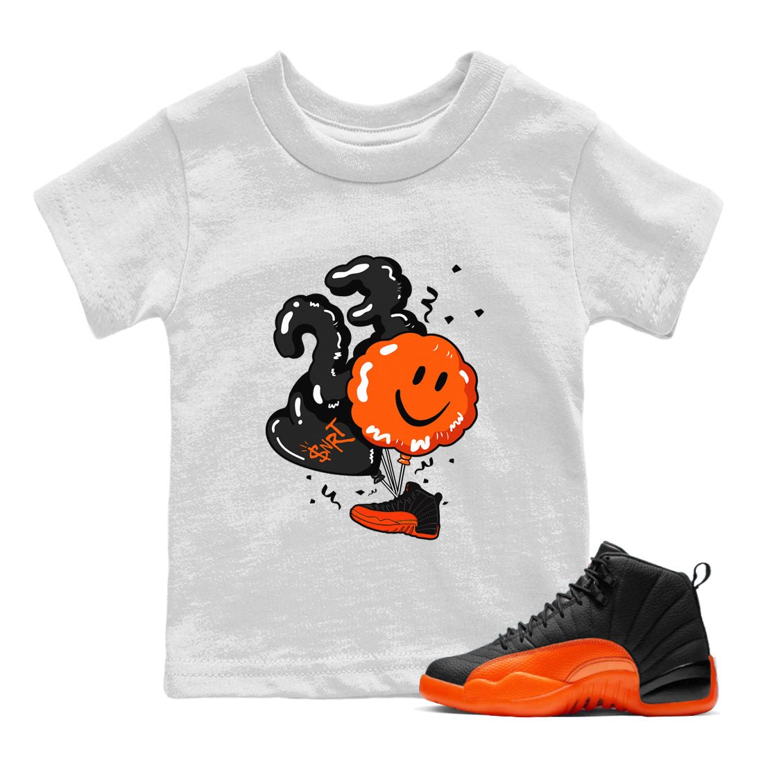 Air Jordan 12 Brilliant Orange Sneaker Match Tees Balloon Sneaker Tees 12s Brilliant Orange Shirts Kids Shirts White 1