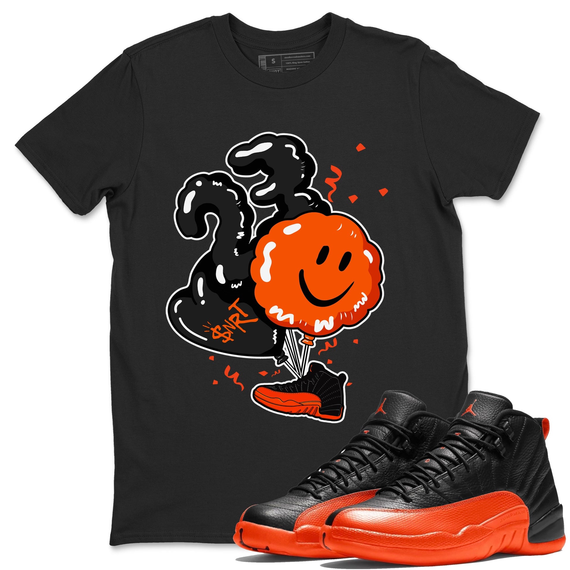 Air Jordan 12 Brilliant Orange Sneaker Match Tees Balloon Sneaker Tees 12s Brilliant Orange Shirts Unisex Shirts Black 1